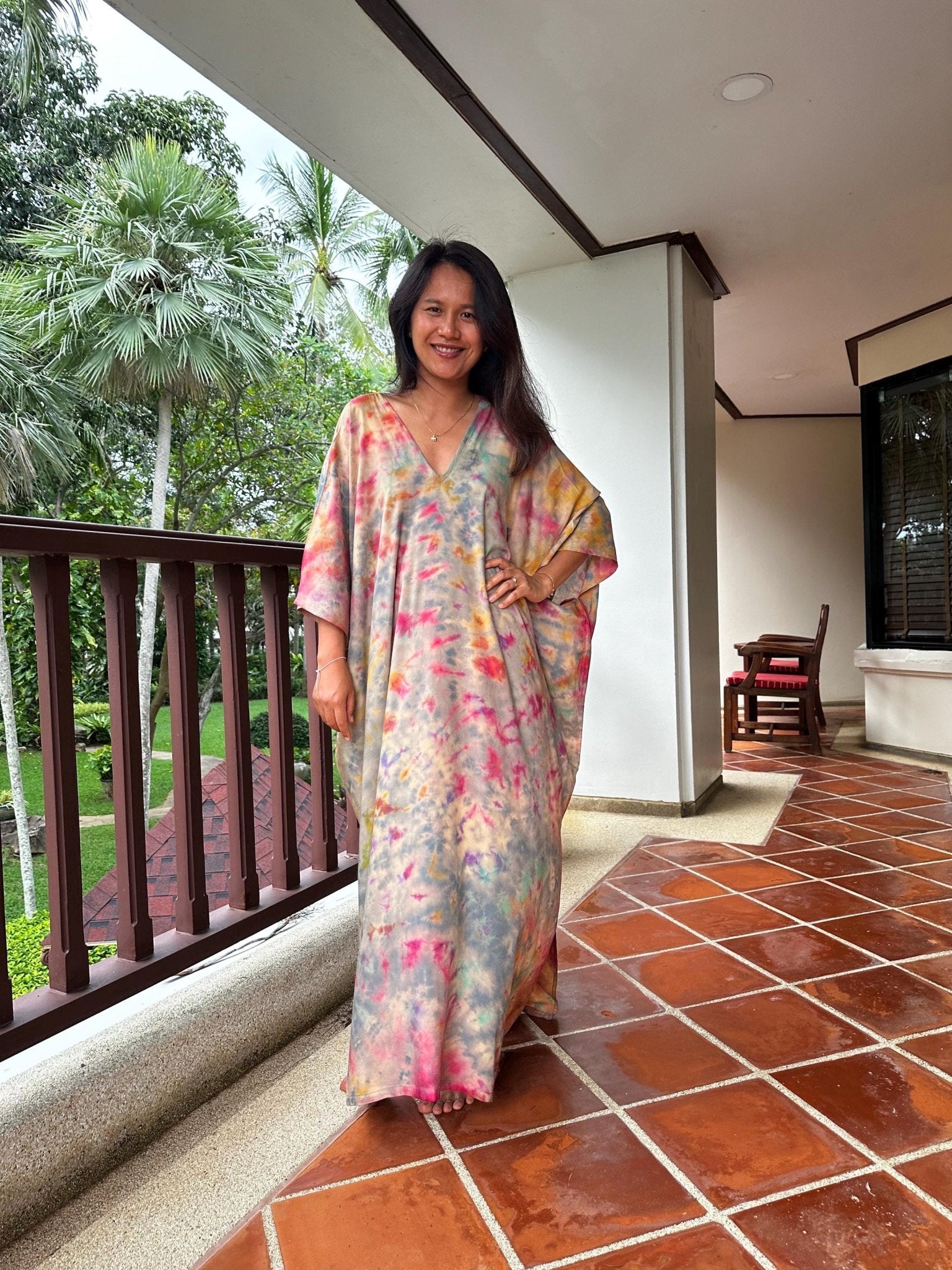 Camila Kaftan in Gray and Rainbow Tie Dye - Mala Handworks