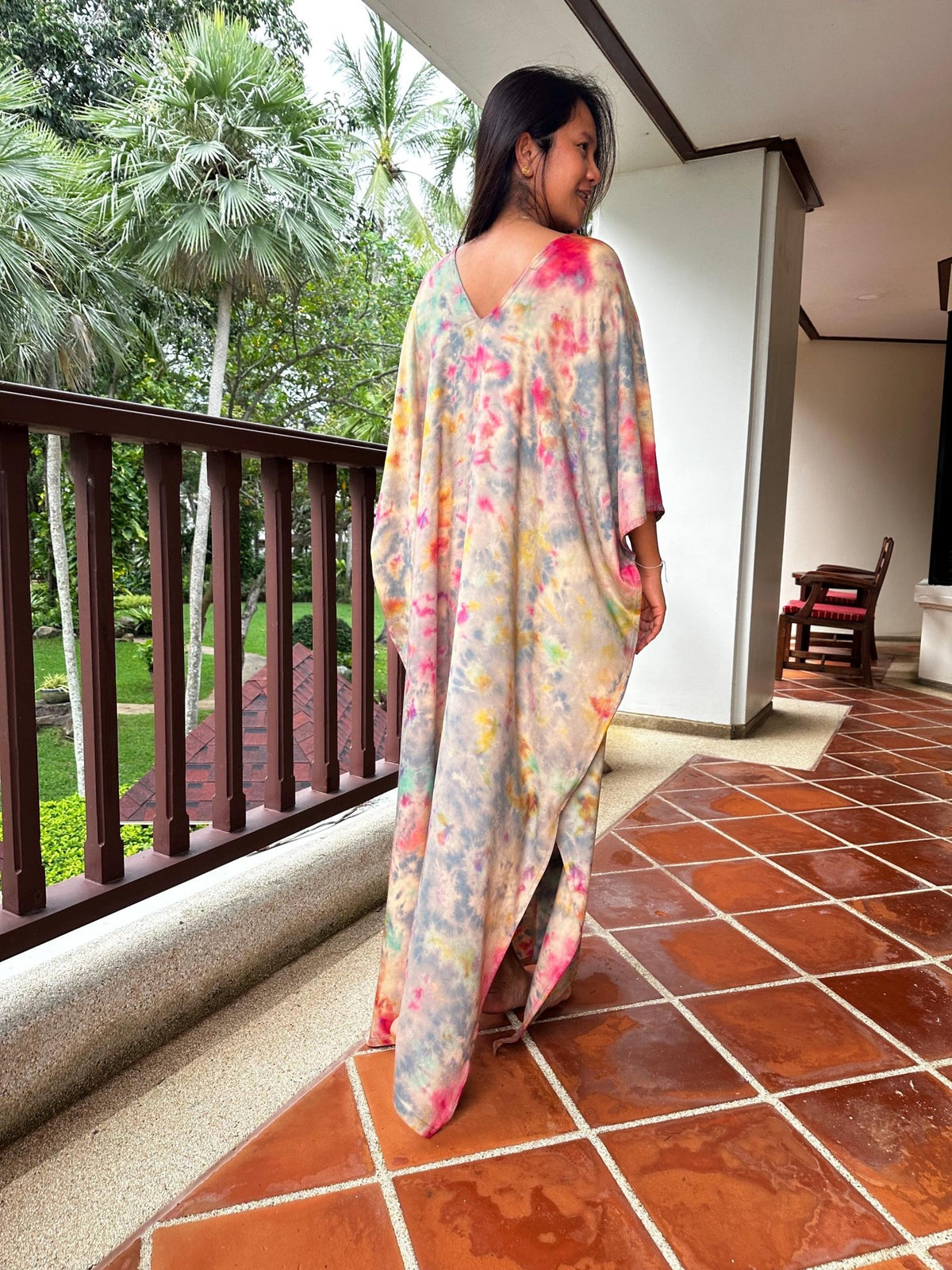 Camila Kaftan in Gray and Rainbow Tie Dye - Mala Handworks