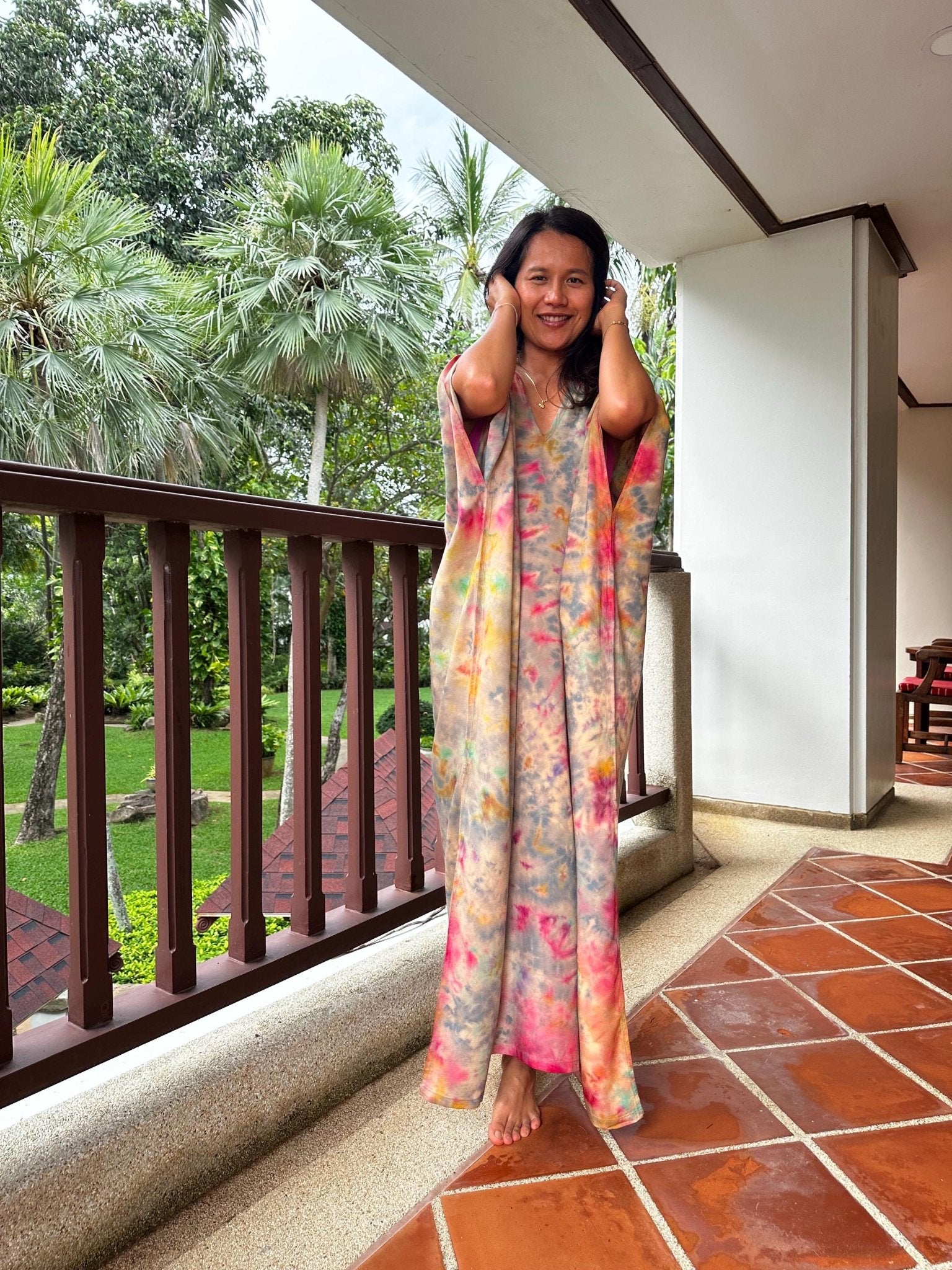 Camila Kaftan in Gray and Rainbow Tie Dye - Mala Handworks