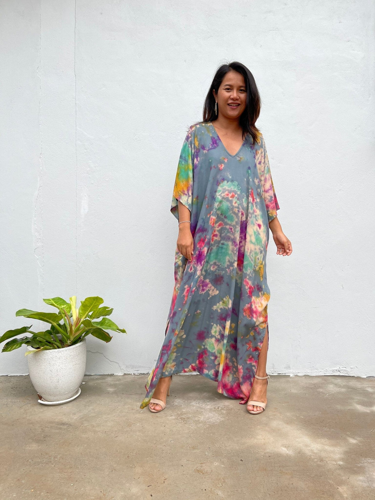 MALA handworks  Camila Kaftan in Gray and Rainbow Tie Dye
