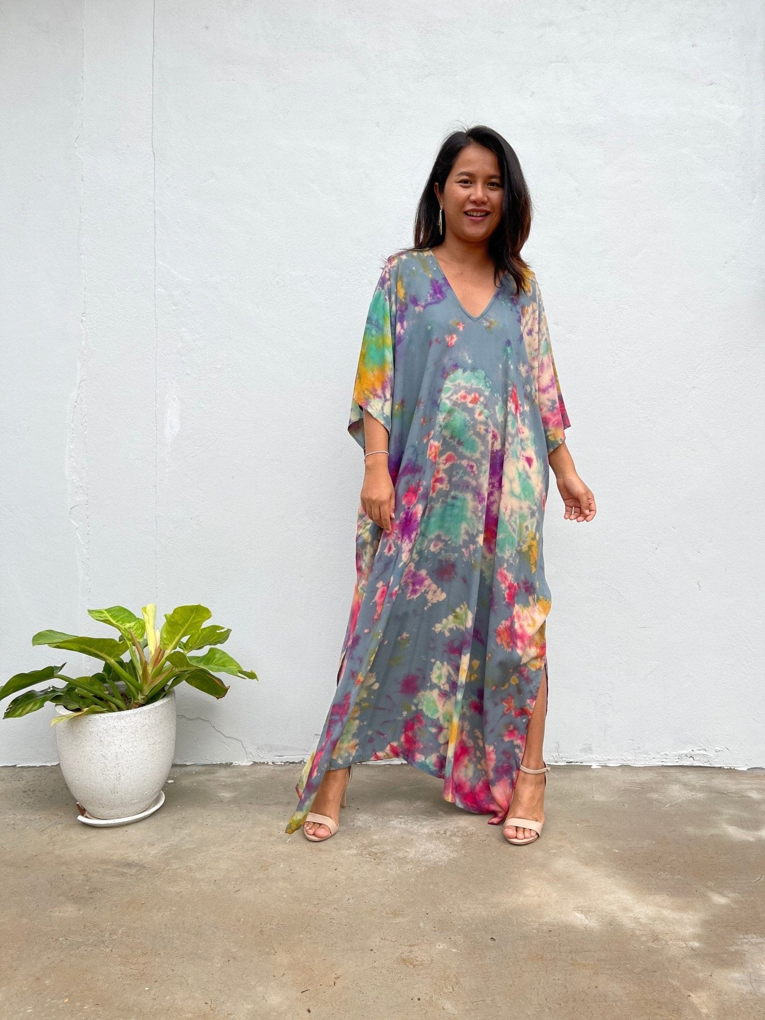 MALA handworks  Camila Kaftan in Gray and Rainbow Tie Dye