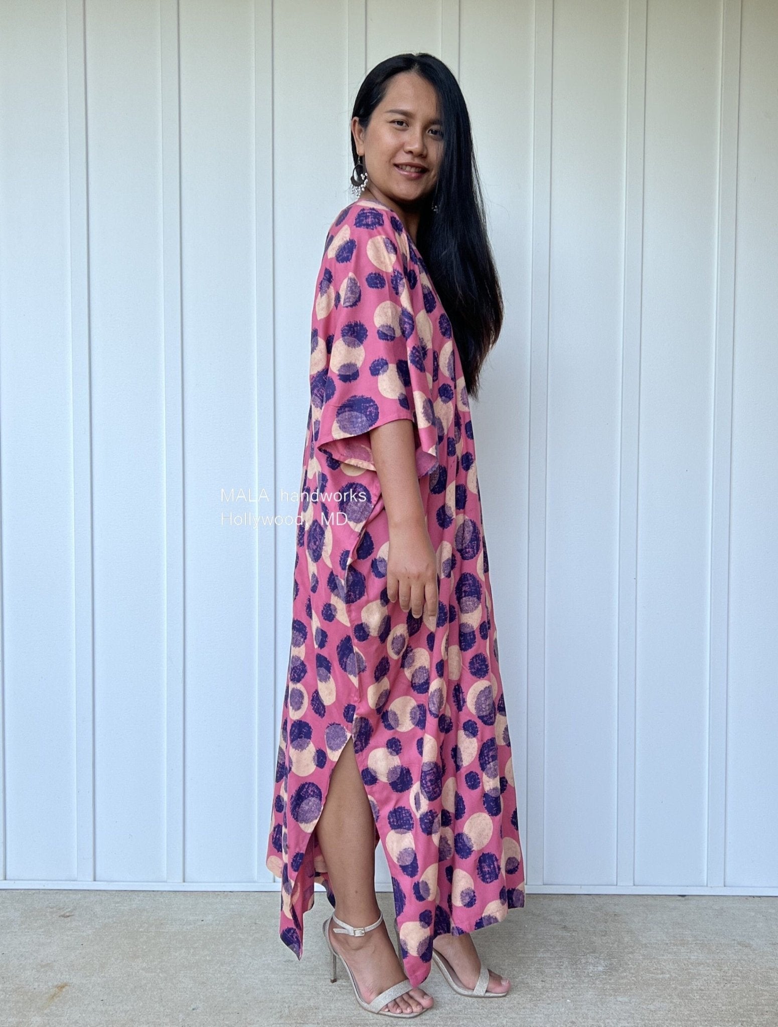 MALA handworks  Camila Kaftan in Pink and Blue Silkscreen Circles Pattern