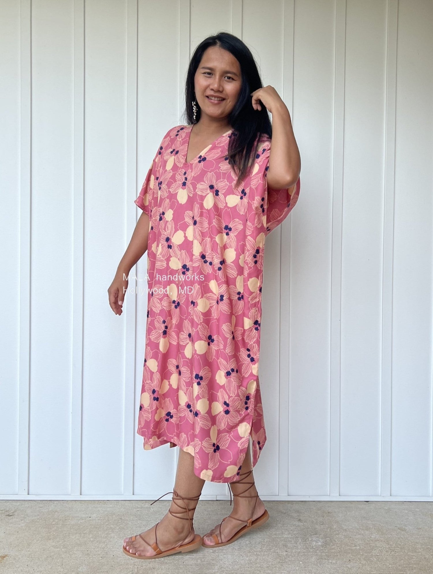 MALA handworks  Camila Kaftan in Pink and Blue Silkscreen Floral Pattern