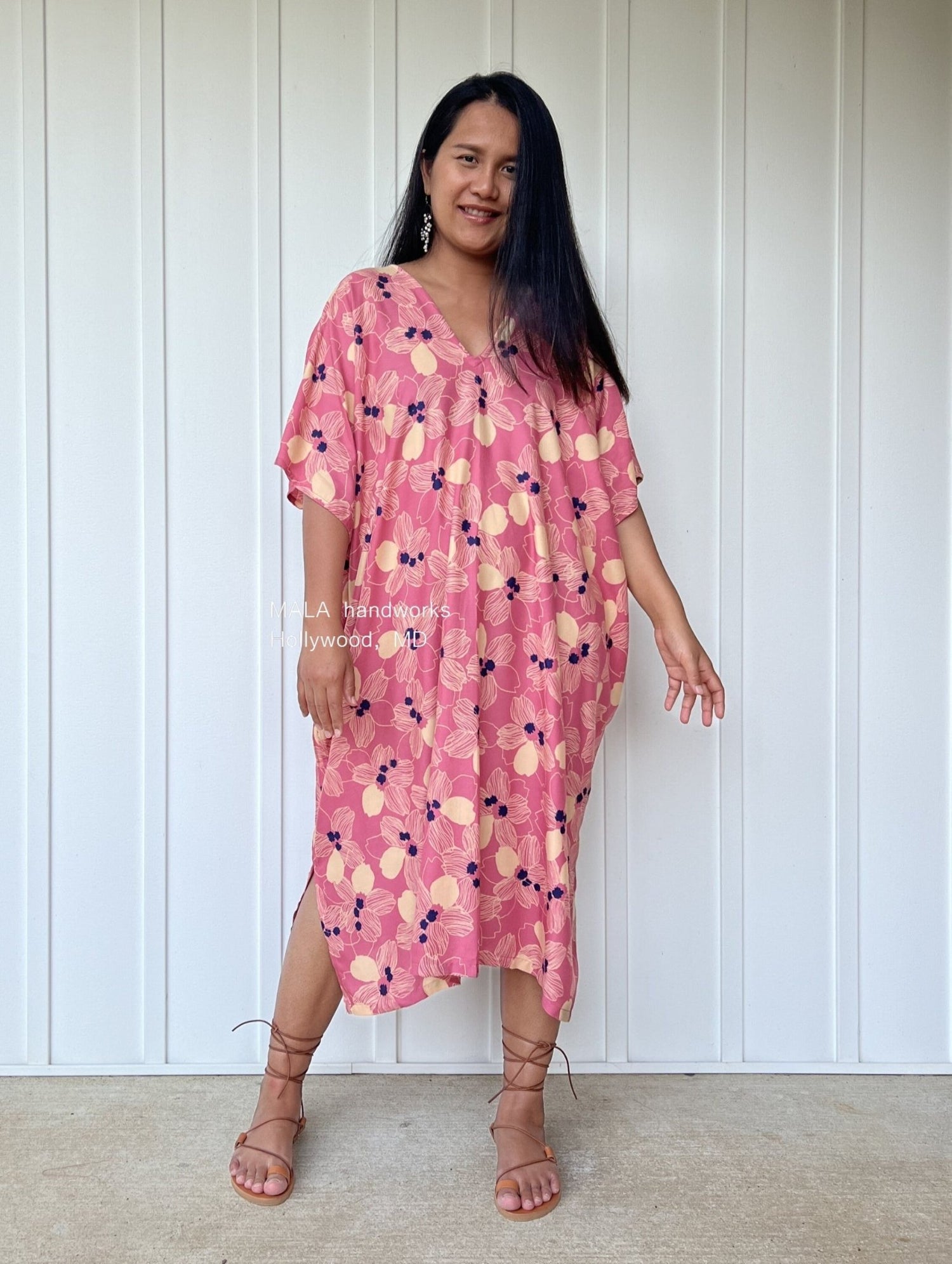 MALA handworks  Camila Kaftan in Pink and Blue Silkscreen Floral Pattern
