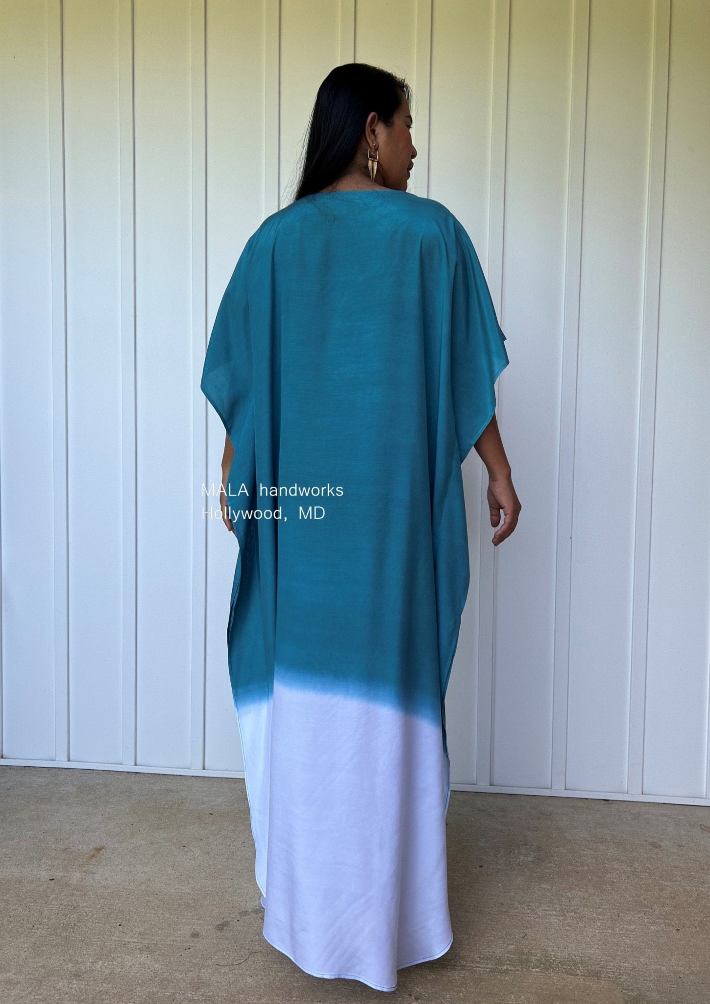 MALA handworks  Cora Kaftan in Teal and White Hand Painted Batik