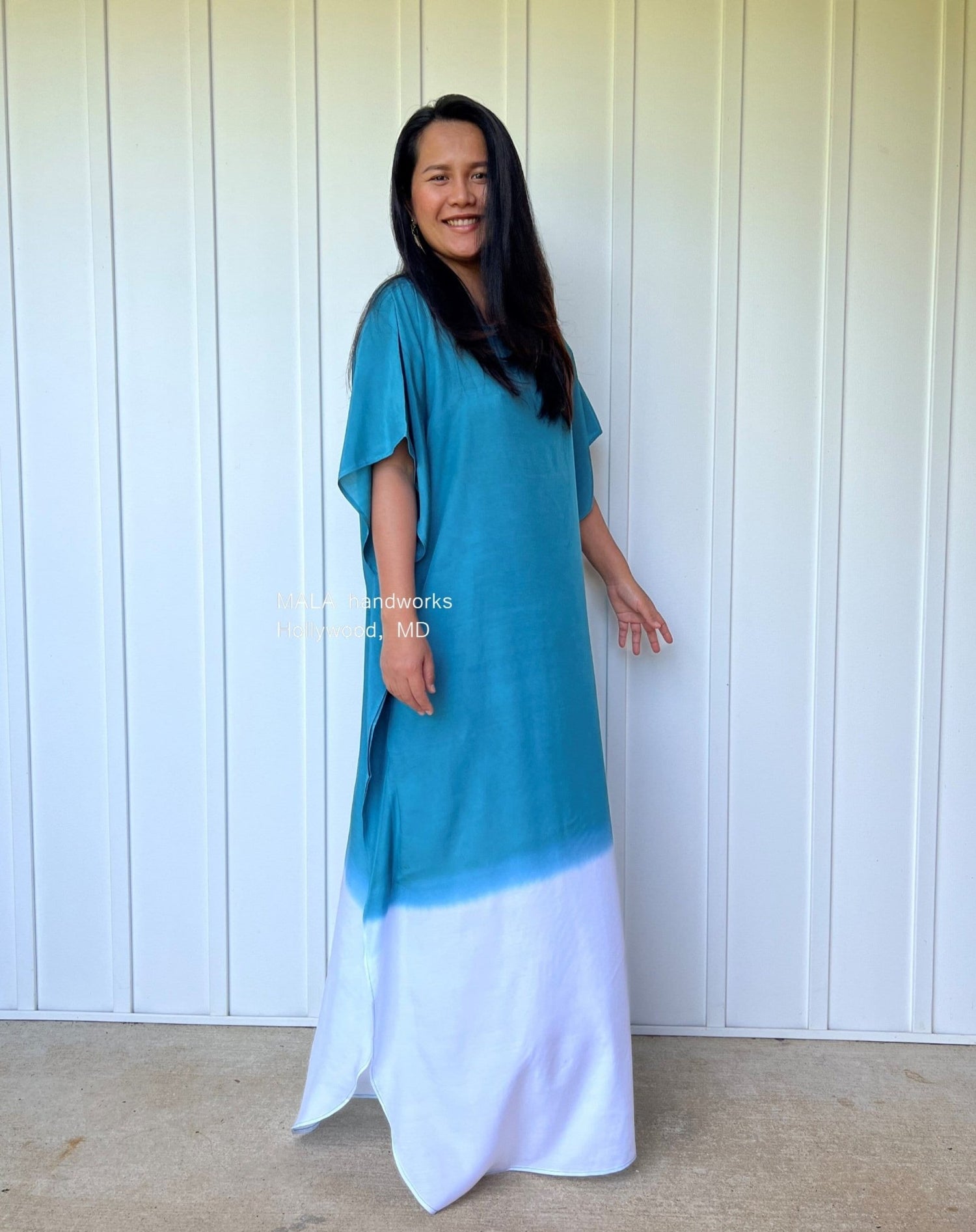 MALA handworks  Cora Kaftan in Teal and White Hand Painted Batik