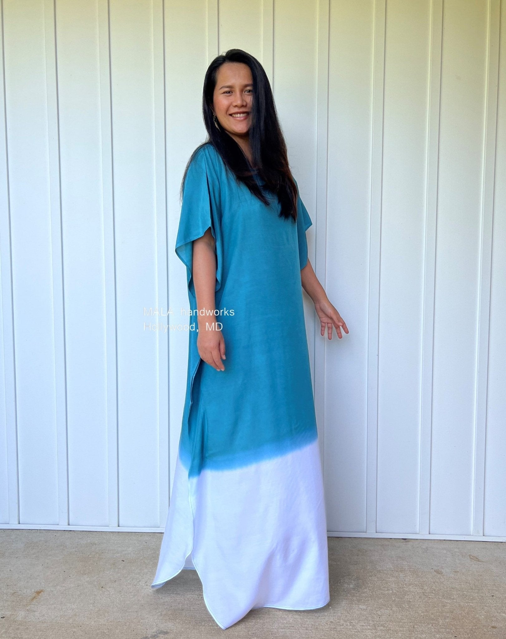 MALA handworks  Cora Kaftan in Teal and White Hand Painted Batik