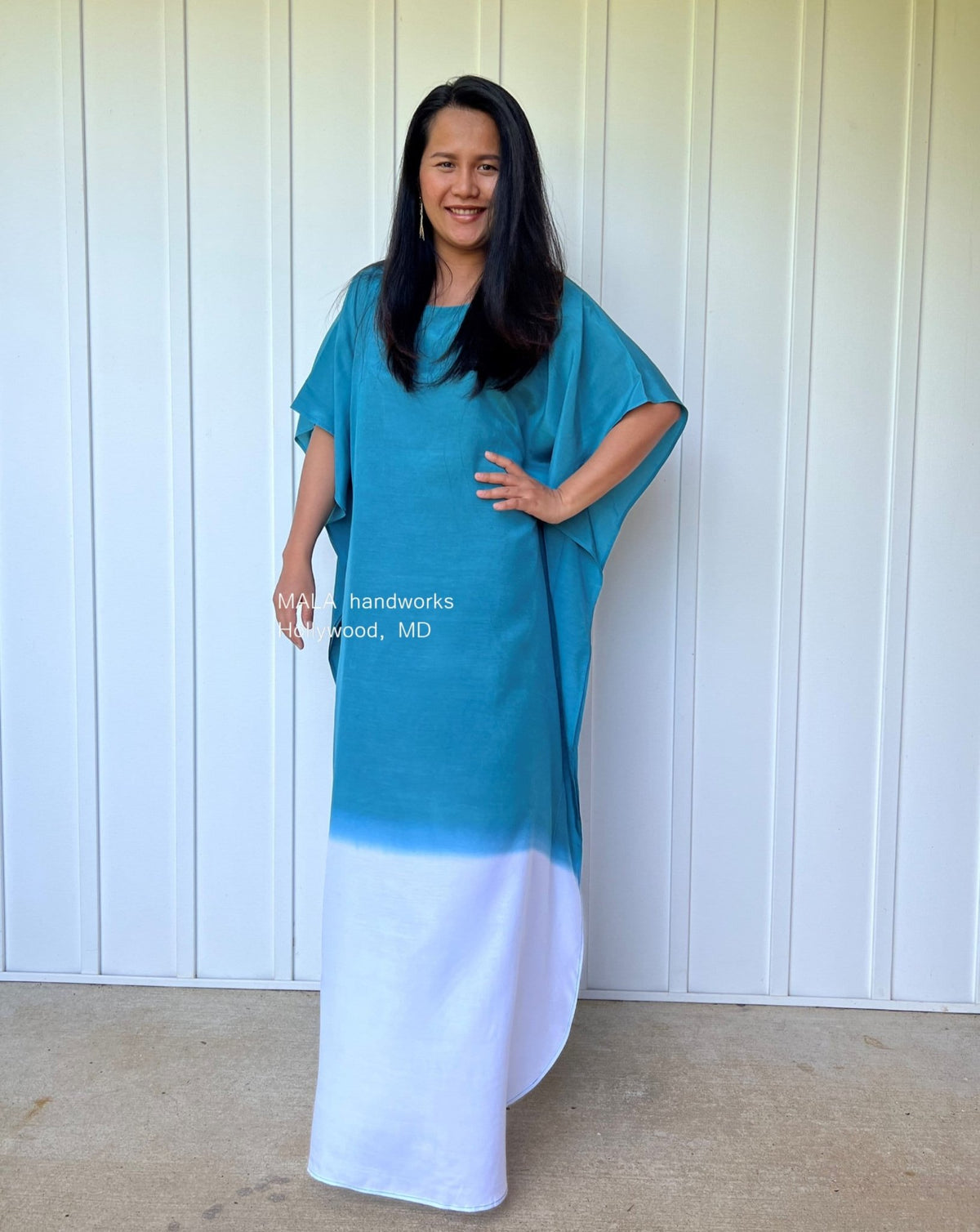 MALA handworks  Cora Kaftan in Teal and White Hand Painted Batik