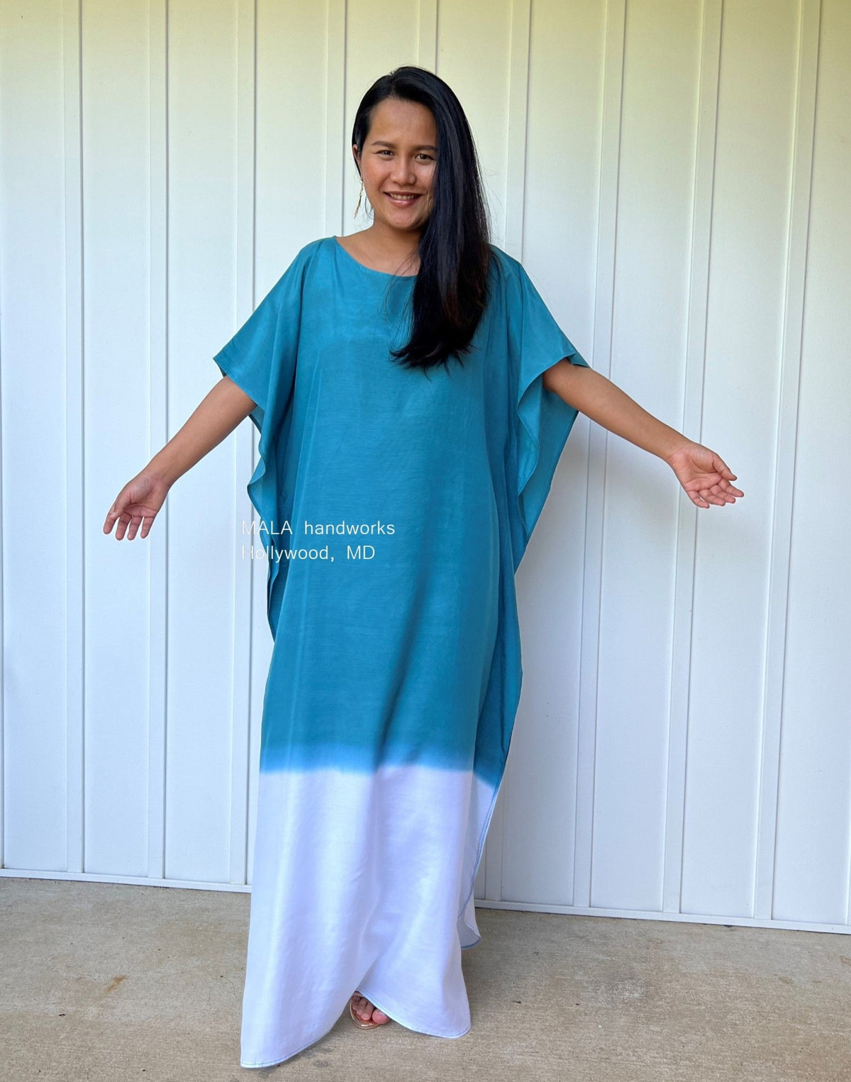 MALA handworks  Cora Kaftan in Teal and White Hand Painted Batik