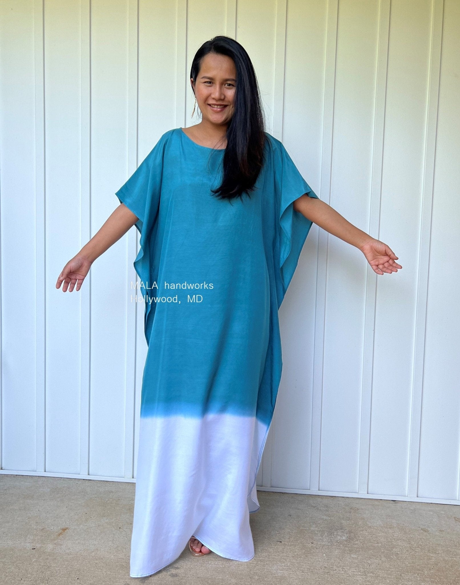 MALA handworks  Cora Kaftan in Teal and White Hand Painted Batik