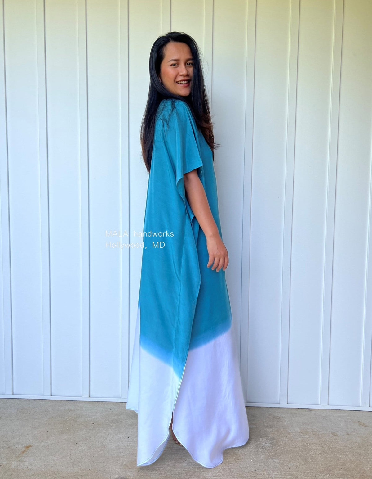 MALA handworks  Cora Kaftan in Teal and White Hand Painted Batik