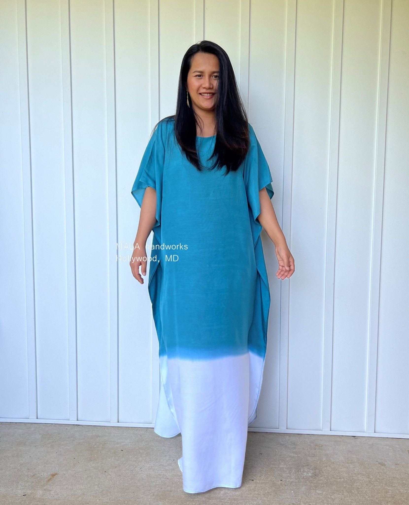 MALA handworks  Cora Kaftan in Teal and White Hand Painted Batik