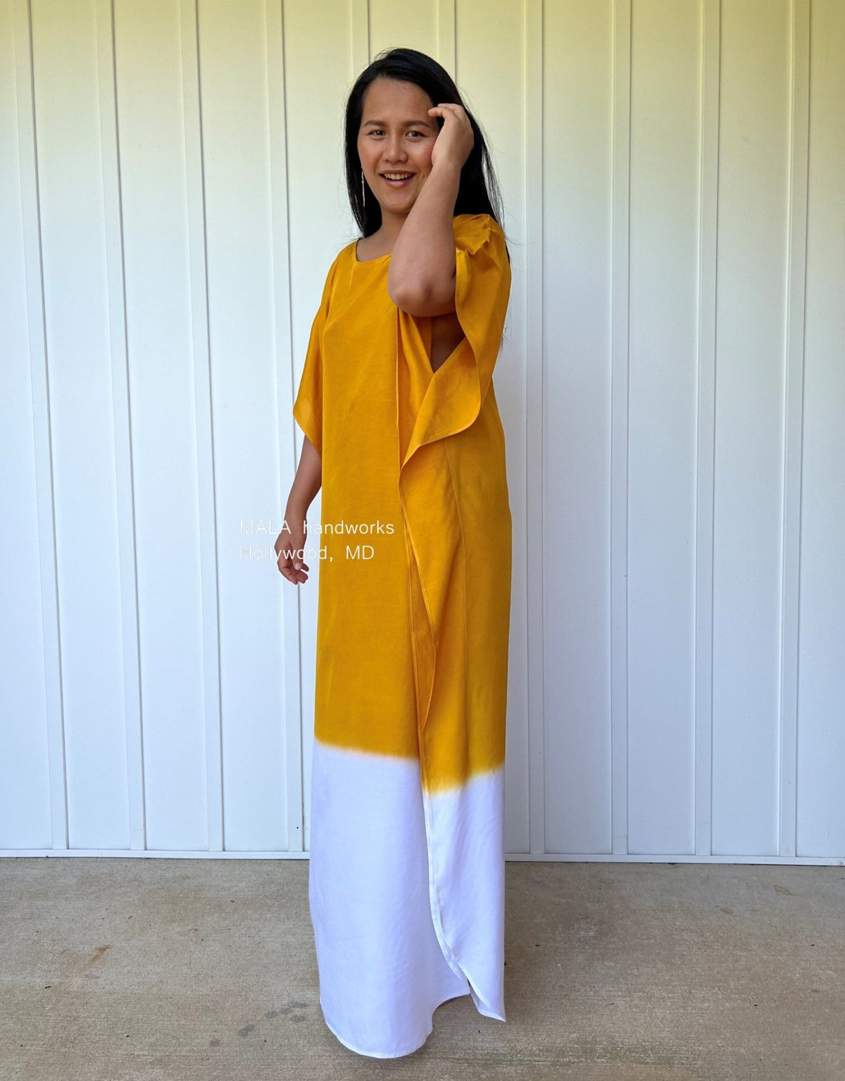 MALA handworks  Cora Kaftan in Yellow and White Hand Painted Batik