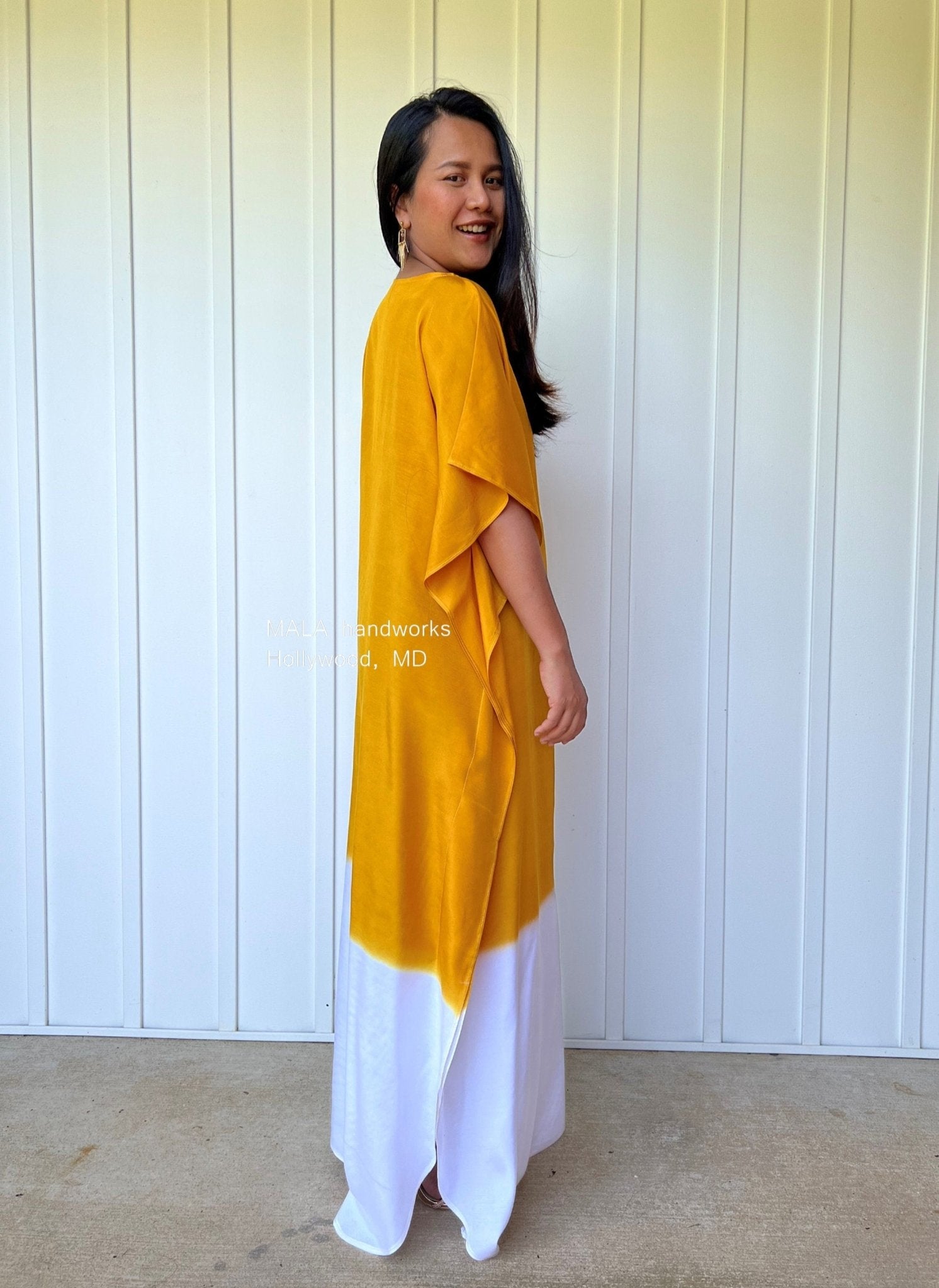 MALA handworks  Cora Kaftan in Yellow and White Hand Painted Batik