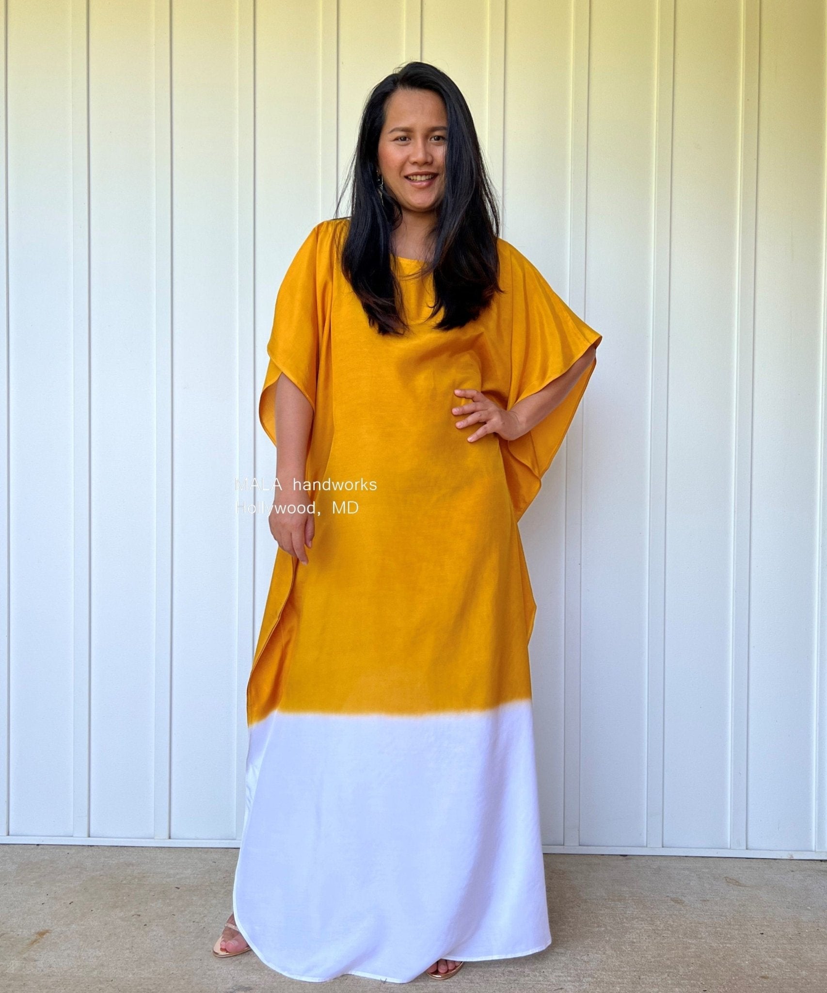 MALA handworks  Cora Kaftan in Yellow and White Hand Painted Batik