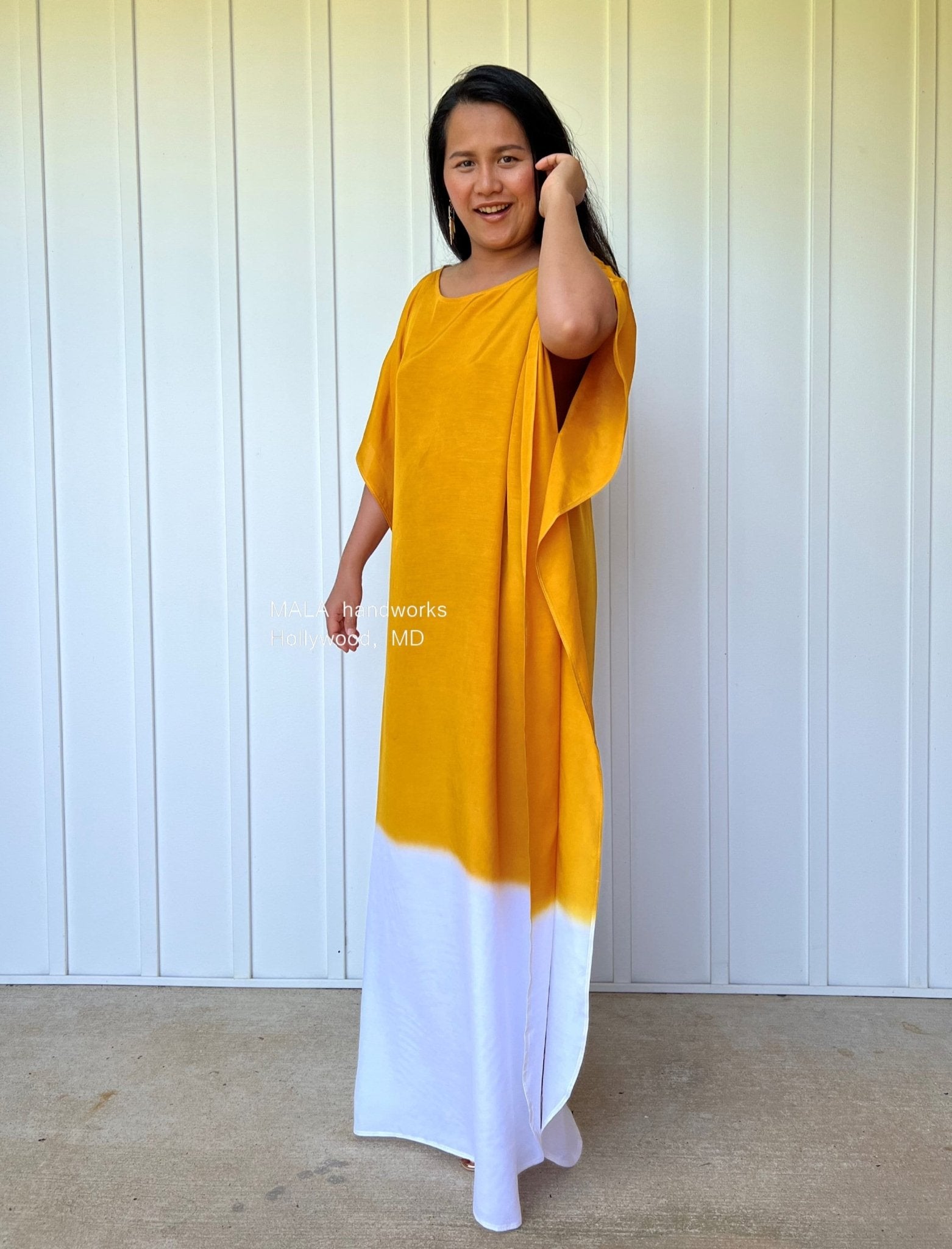 MALA handworks  Cora Kaftan in Yellow and White Hand Painted Batik