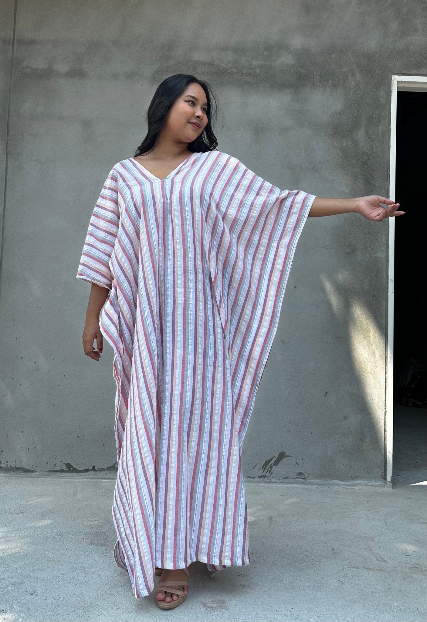 Mala Handworks Ella Plus Size Cotton Kaftan with Beige Stripes