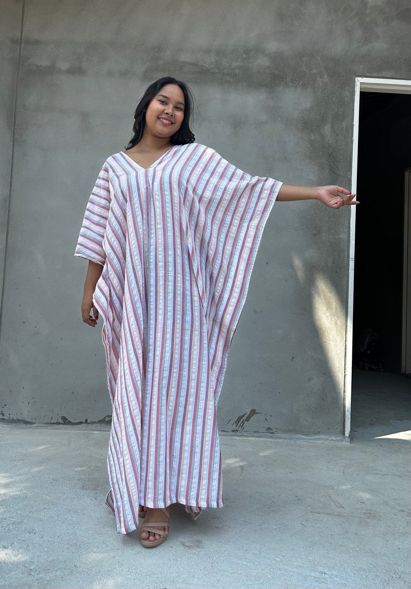 Mala Handworks Ella Plus Size Cotton Kaftan with Beige Stripes