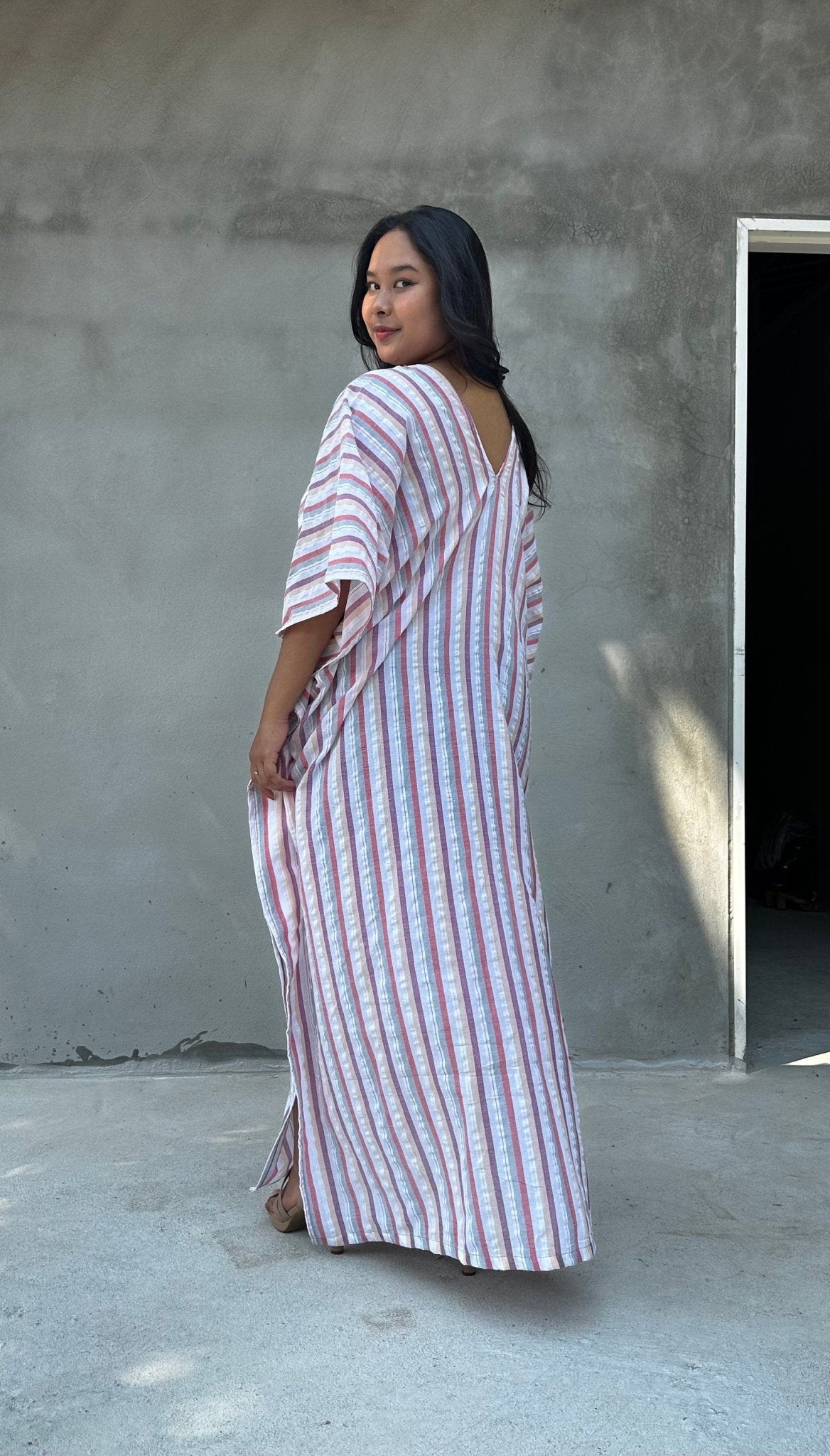 Mala Handworks Ella Plus Size Cotton Kaftan with Beige Stripes