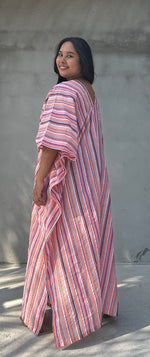 Mala Handworks Ella Plus Size Cotton Kaftan with Bubblegum Stripes