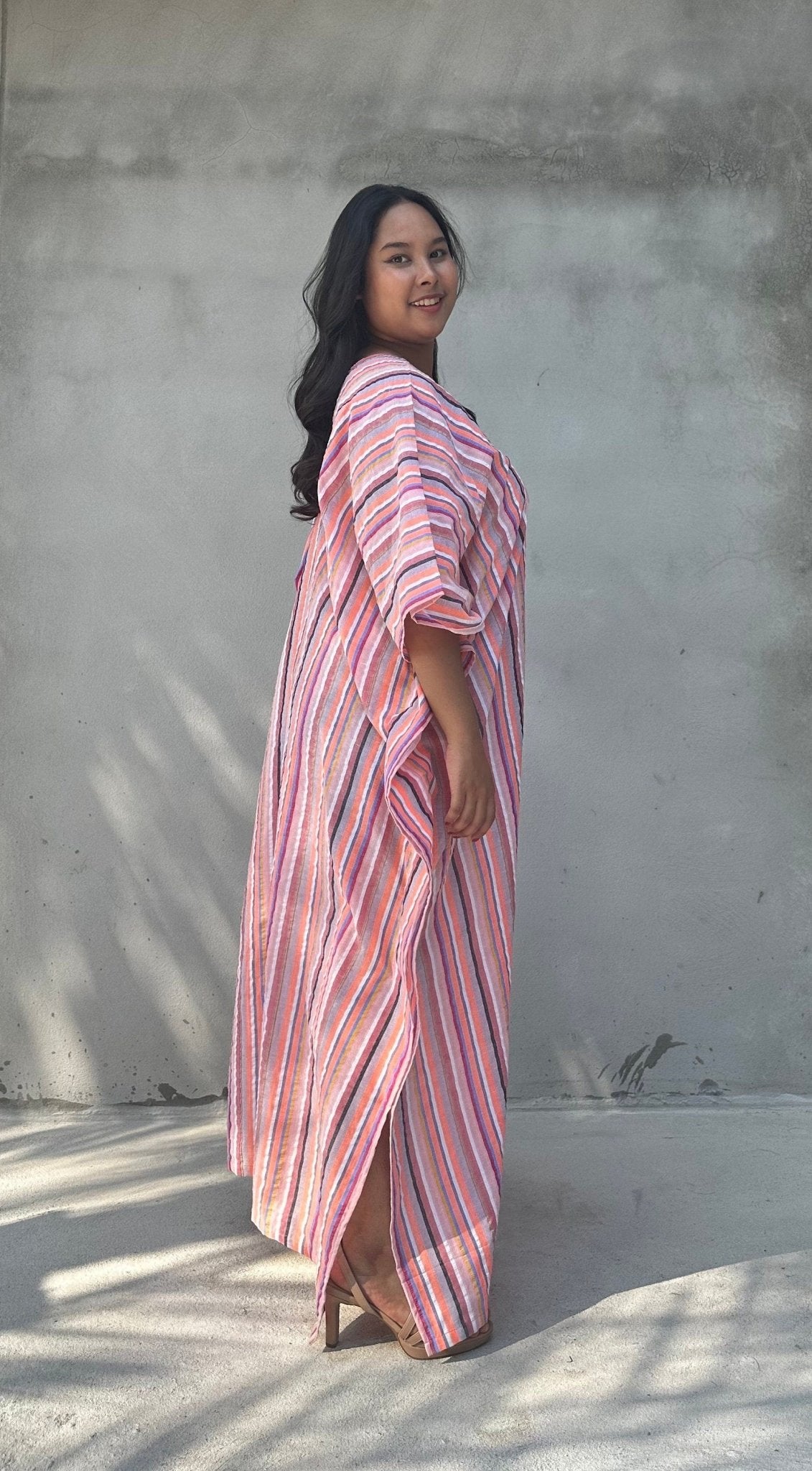 Mala Handworks Ella Plus Size Cotton Kaftan with Bubblegum Stripes