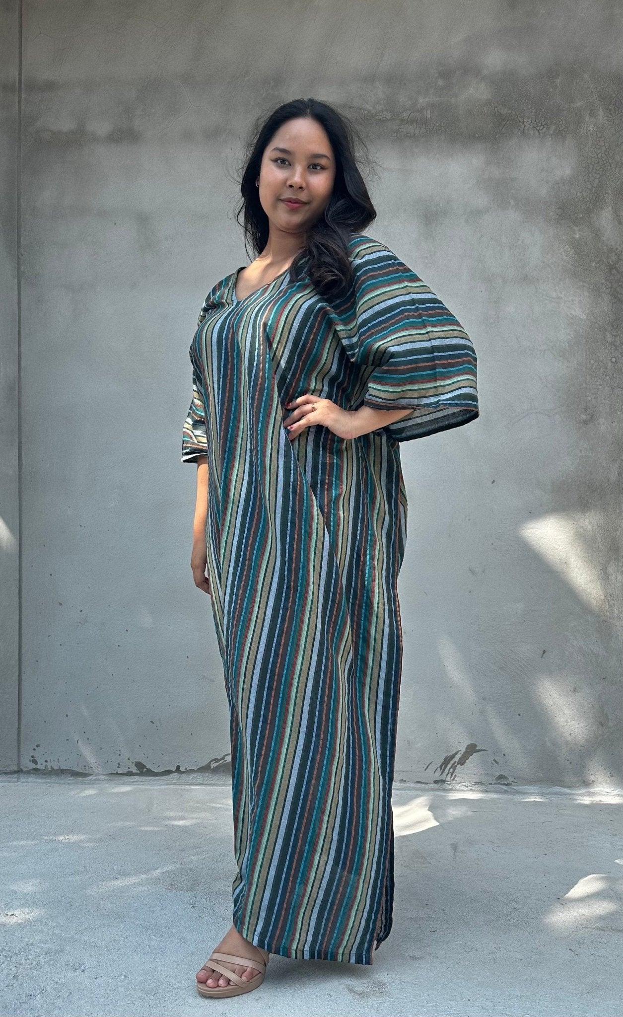 Mala Handworks Ella Plus Size Cotton Kaftan with Jade Stripes