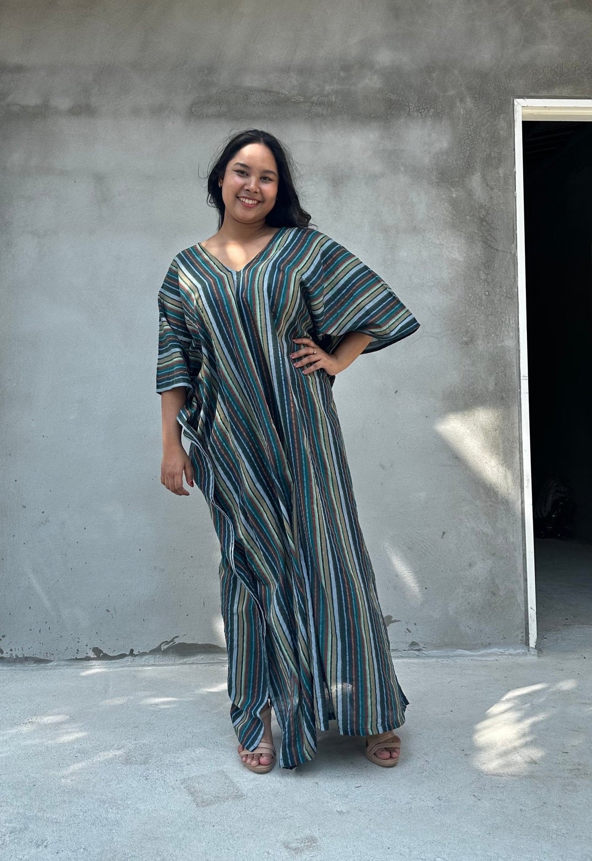 Mala Handworks Ella Plus Size Cotton Kaftan with Jade Stripes