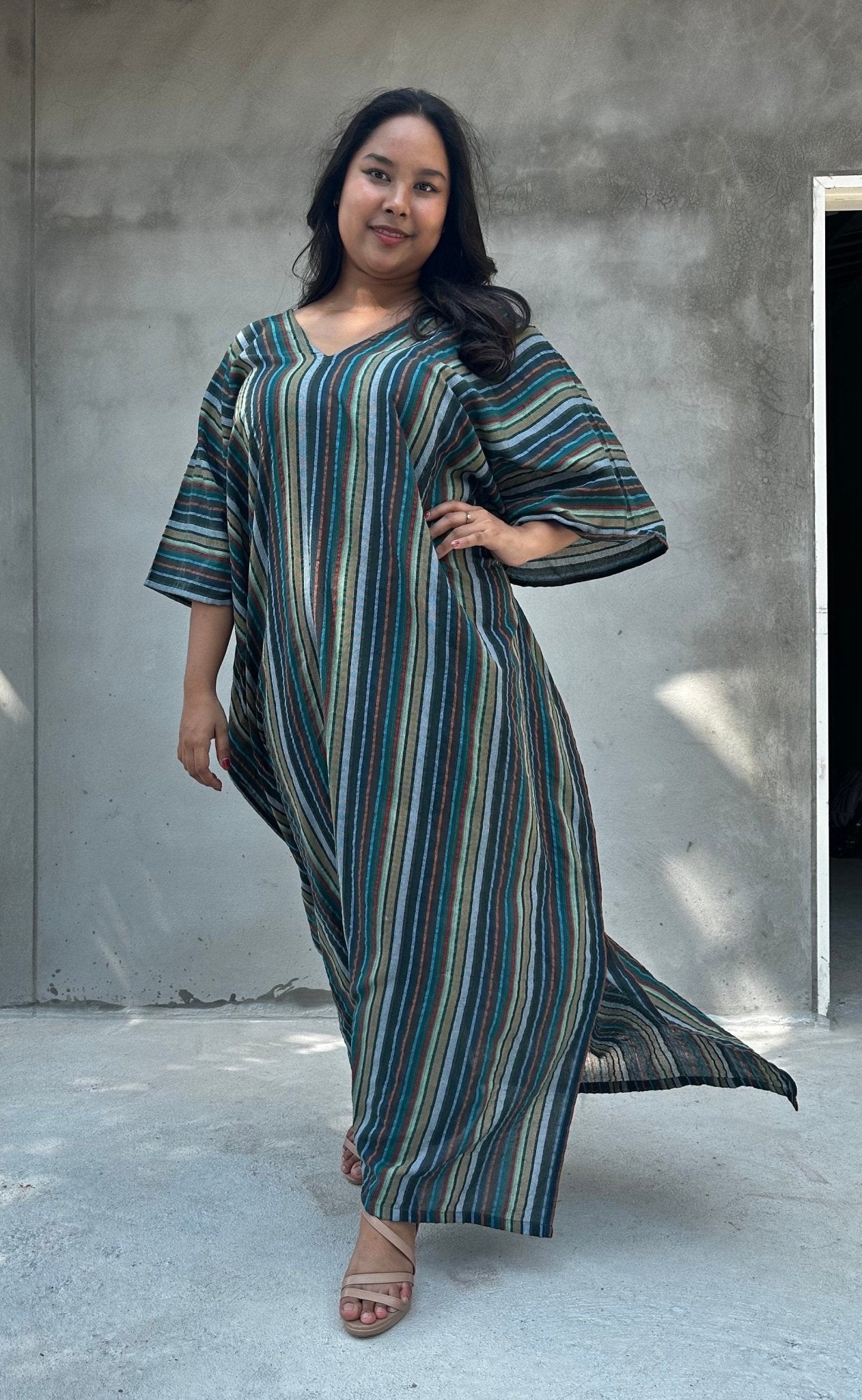 Mala Handworks Ella Plus Size Cotton Kaftan with Jade Stripes