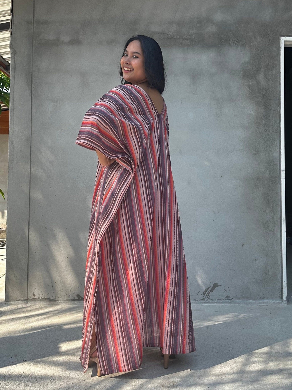 Mala Handworks Ella Plus Size Cotton Kaftan with Mauve and Raspberry Stripes