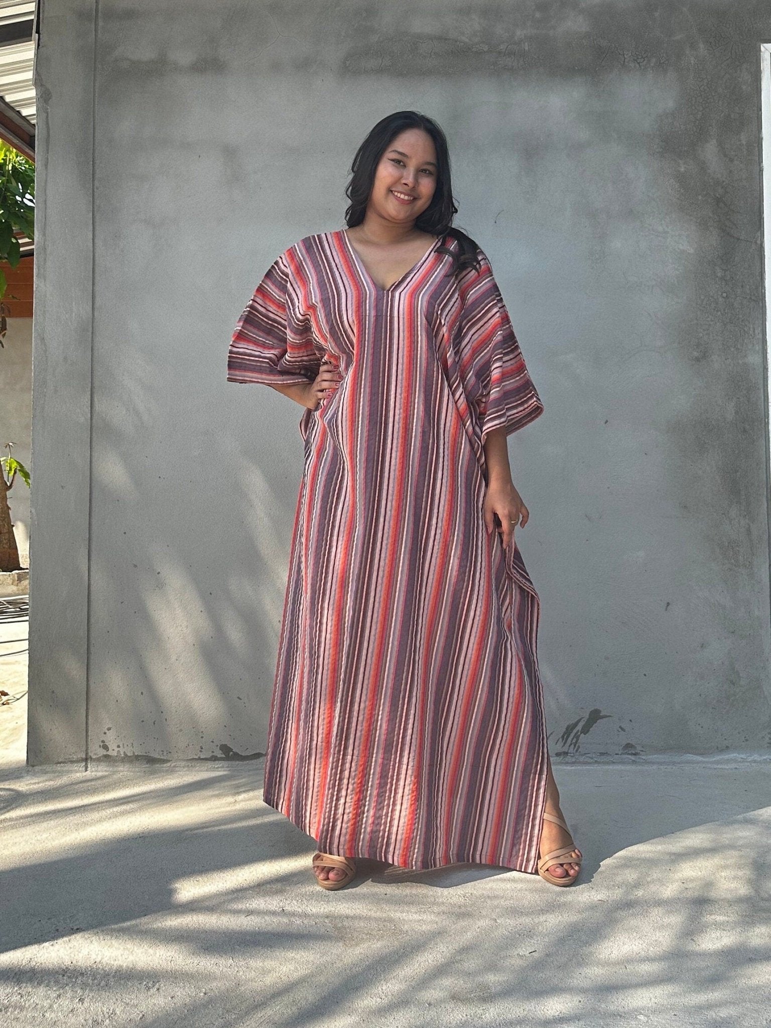 Mala Handworks Ella Plus Size Cotton Kaftan with Mauve and Raspberry Stripes