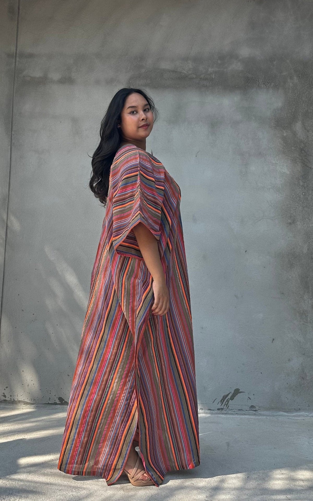 Mala Handworks Ella Plus Size Cotton Kaftan with Mauve Stripes