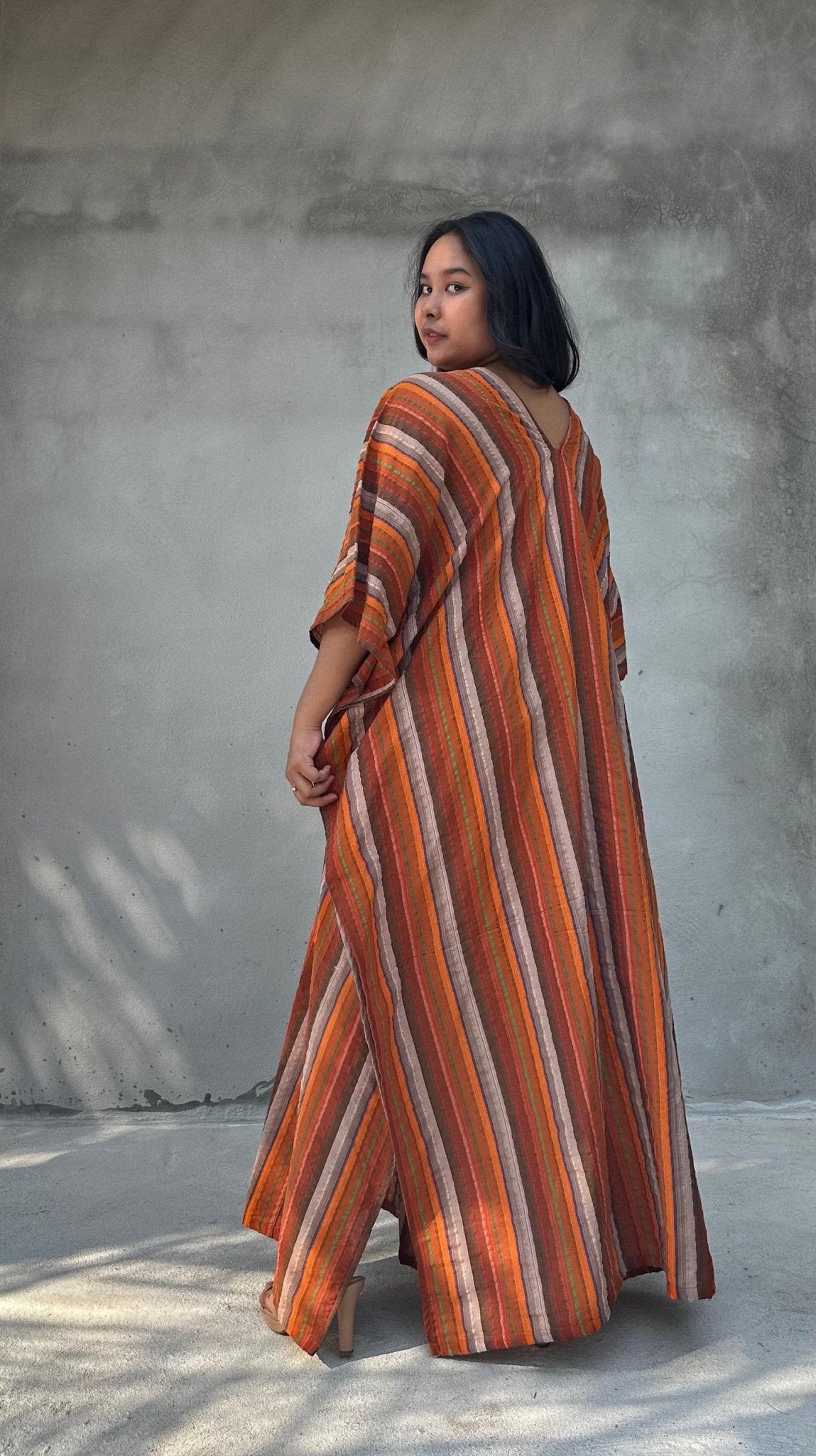 Mala Handworks Ella Plus Size Cotton Kaftan with Orange and Brown Stripes