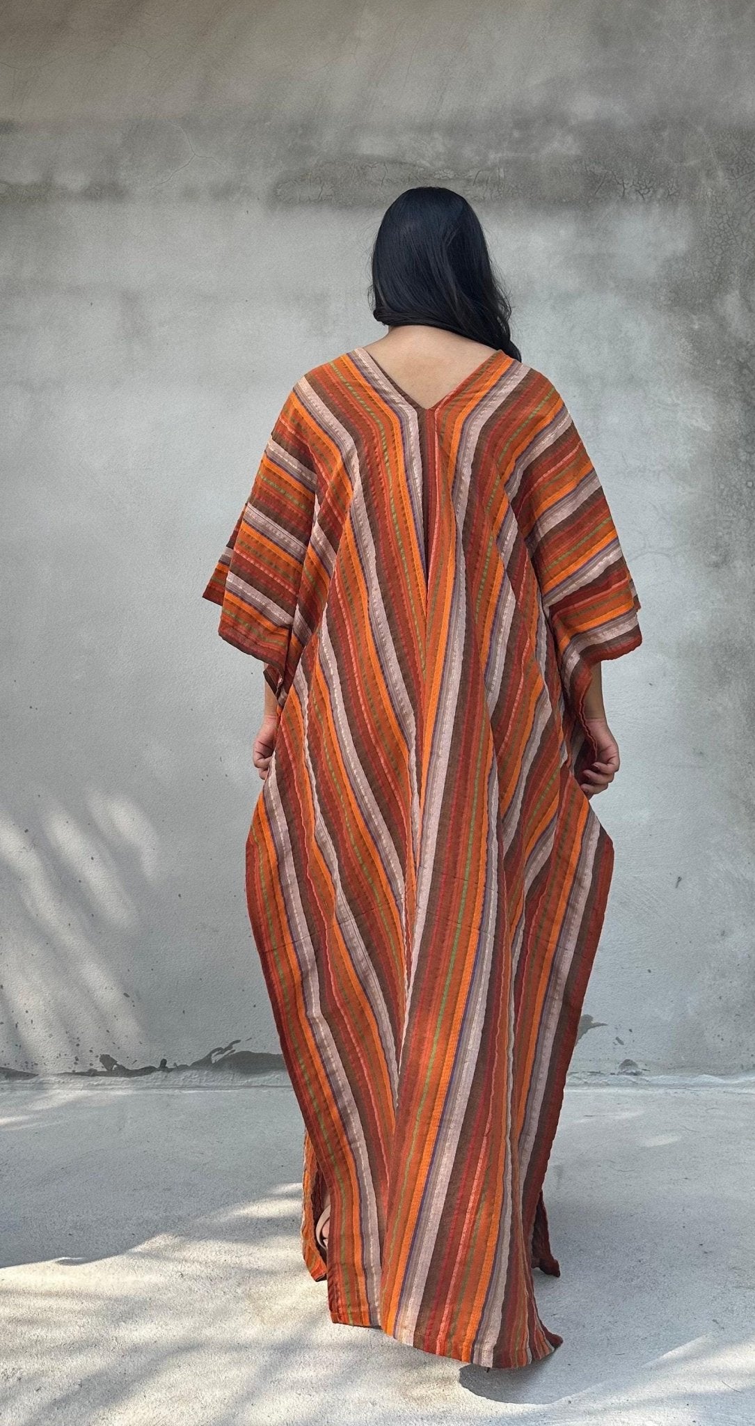 Mala Handworks Ella Plus Size Cotton Kaftan with Orange and Brown Stripes