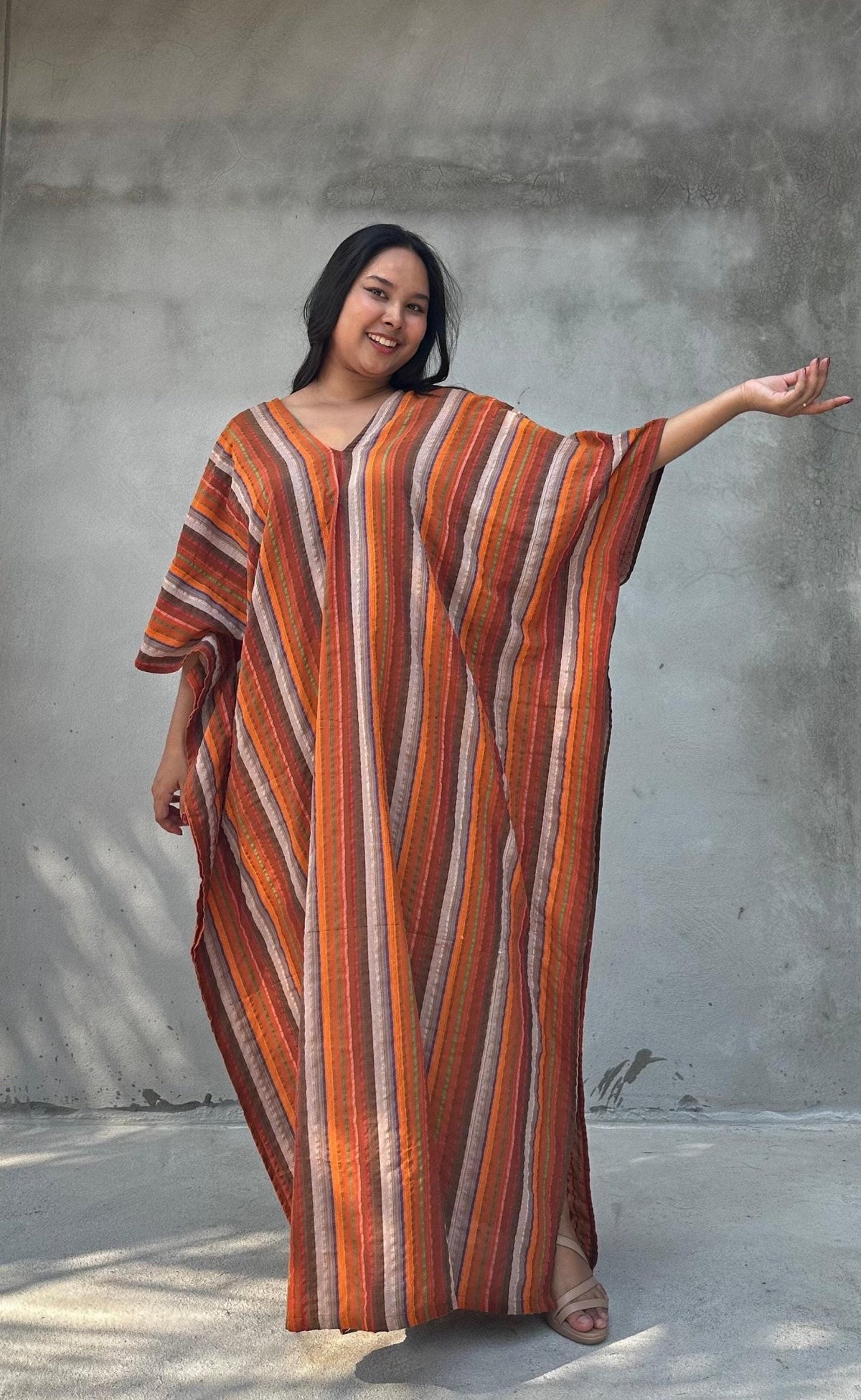 Mala Handworks Ella Plus Size Cotton Kaftan with Orange and Brown Stripes