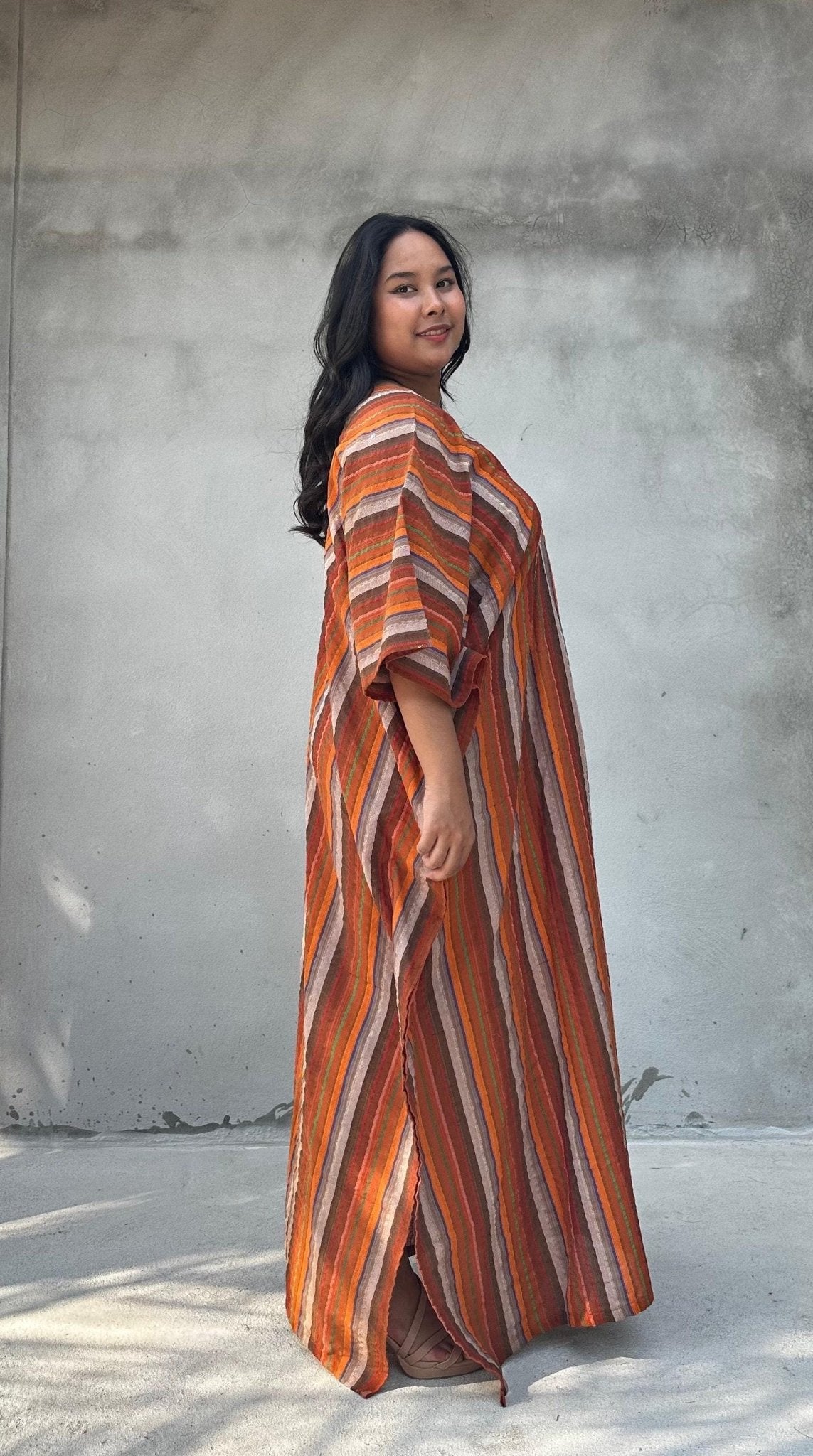 Mala Handworks Ella Plus Size Cotton Kaftan with Orange and Brown Stripes
