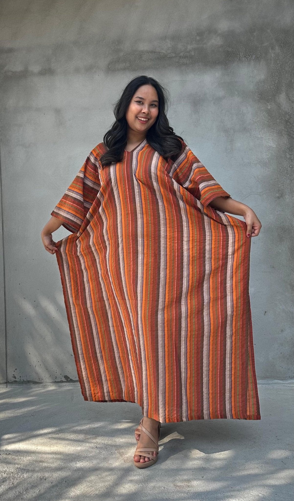 Mala Handworks Ella Plus Size Cotton Kaftan with Orange and Brown Stripes