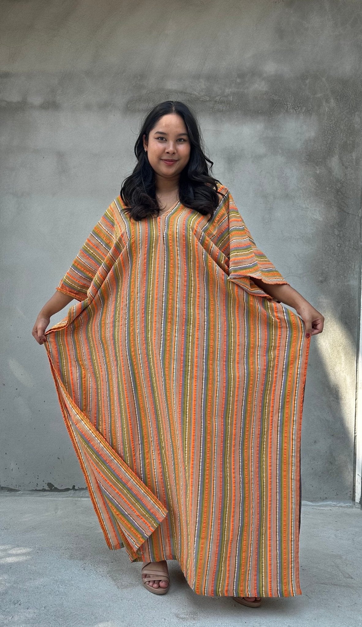 Mala Handworks Ella Plus Size Cotton Kaftan with Orange Stripes