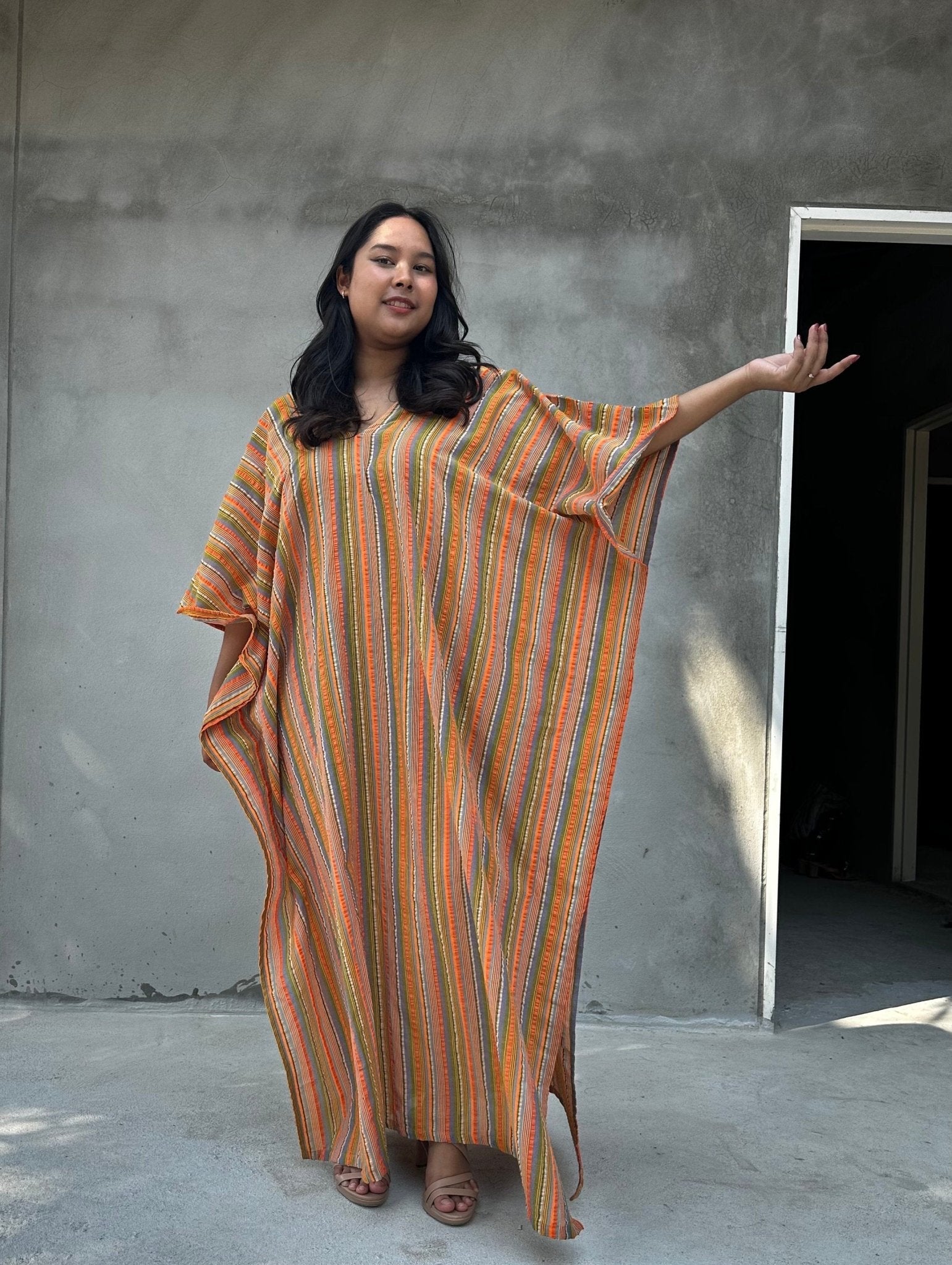 Mala Handworks Ella Plus Size Cotton Kaftan with Orange Stripes