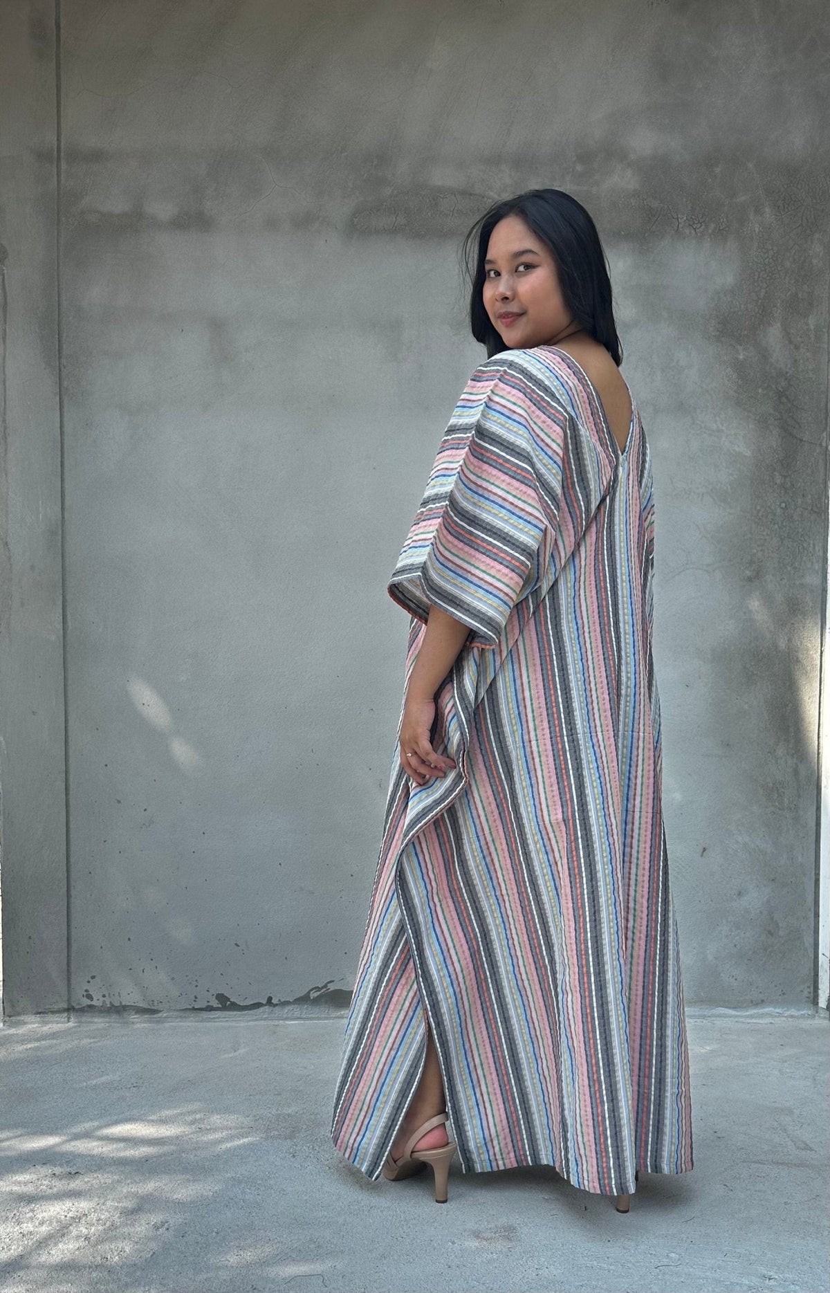 Mala Handworks Ella Plus Size Cotton Kaftan with Peach and Silver Stripes