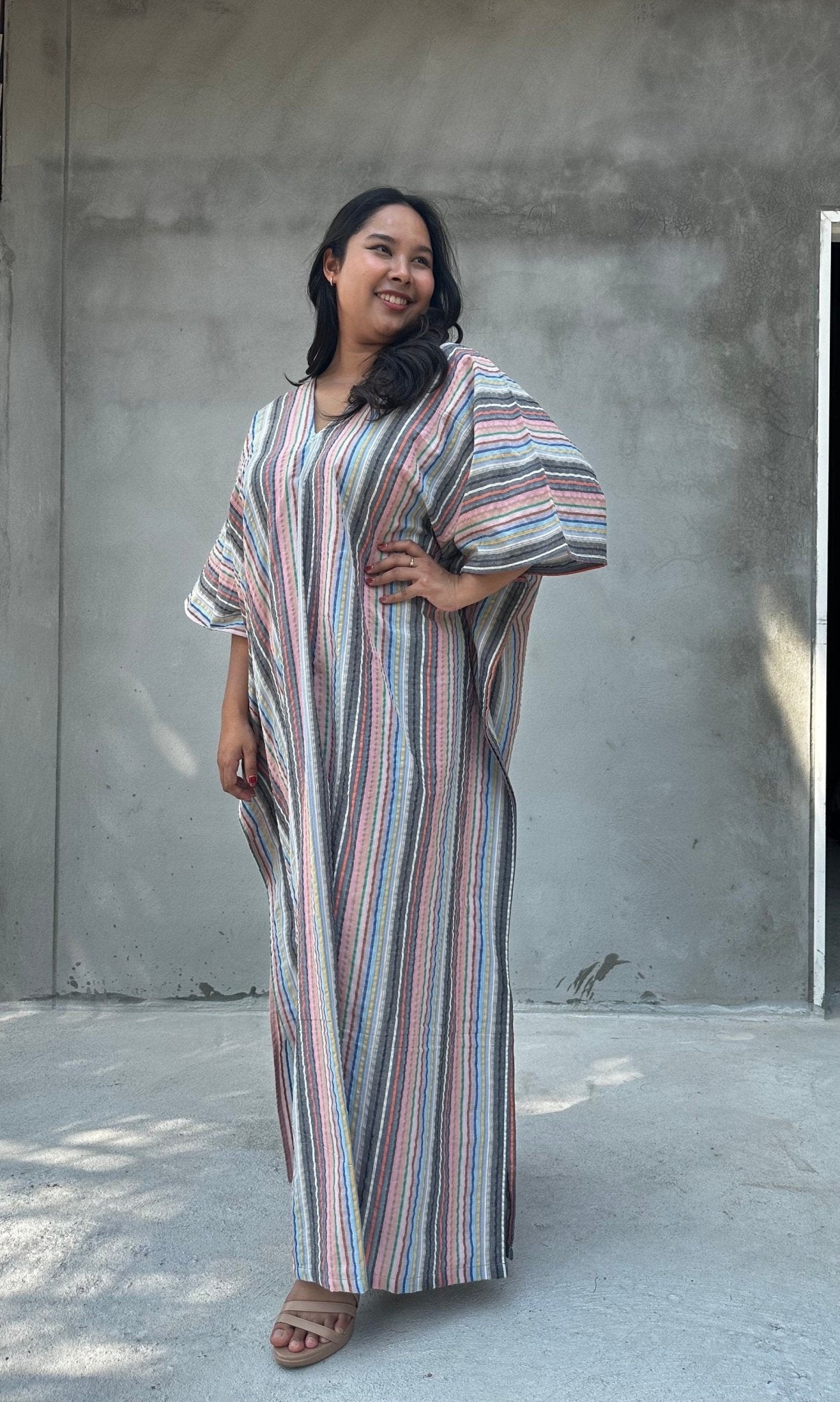 Mala Handworks Ella Plus Size Cotton Kaftan with Peach and Silver Stripes