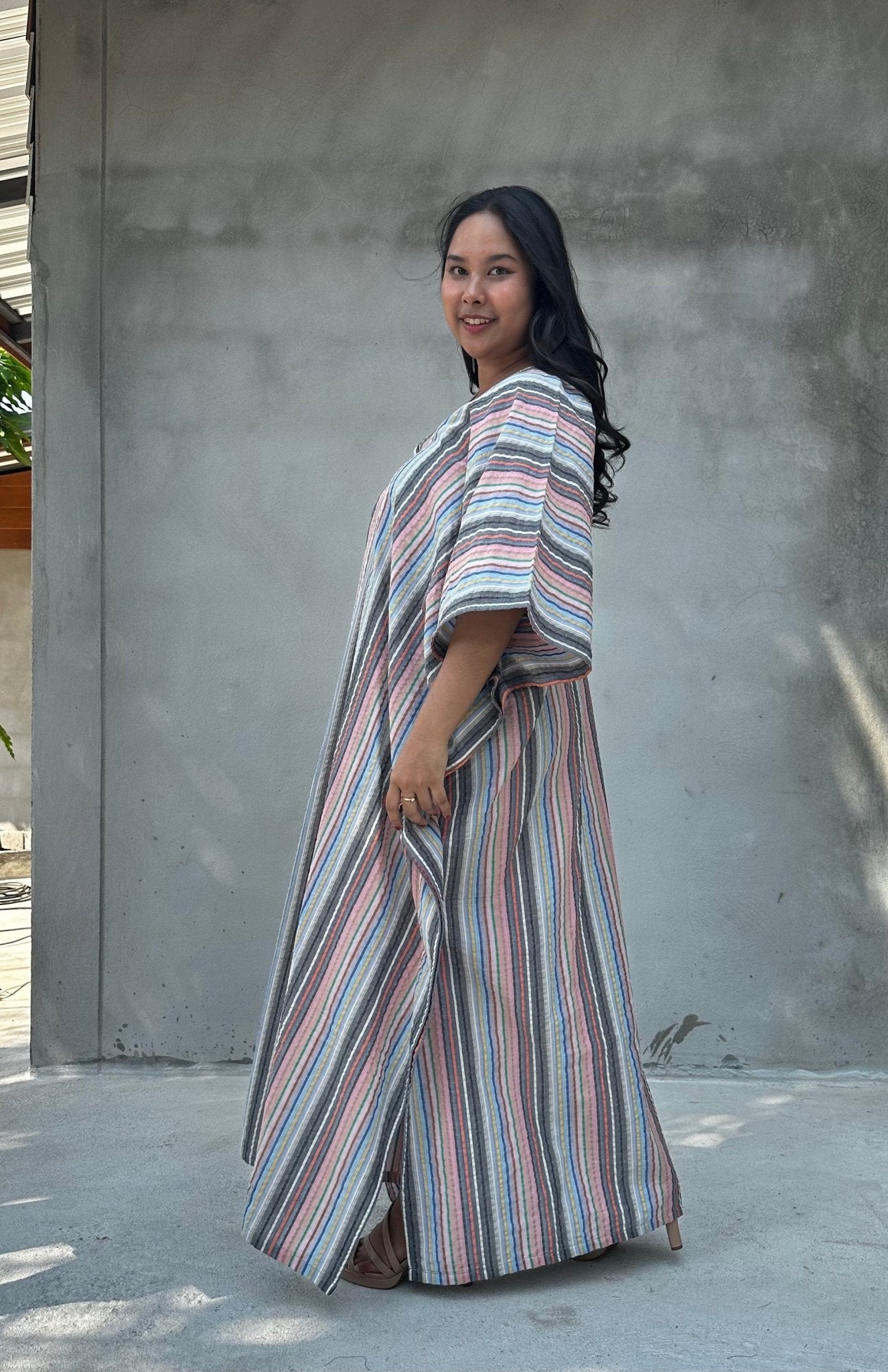 Mala Handworks Ella Plus Size Cotton Kaftan with Peach and Silver Stripes