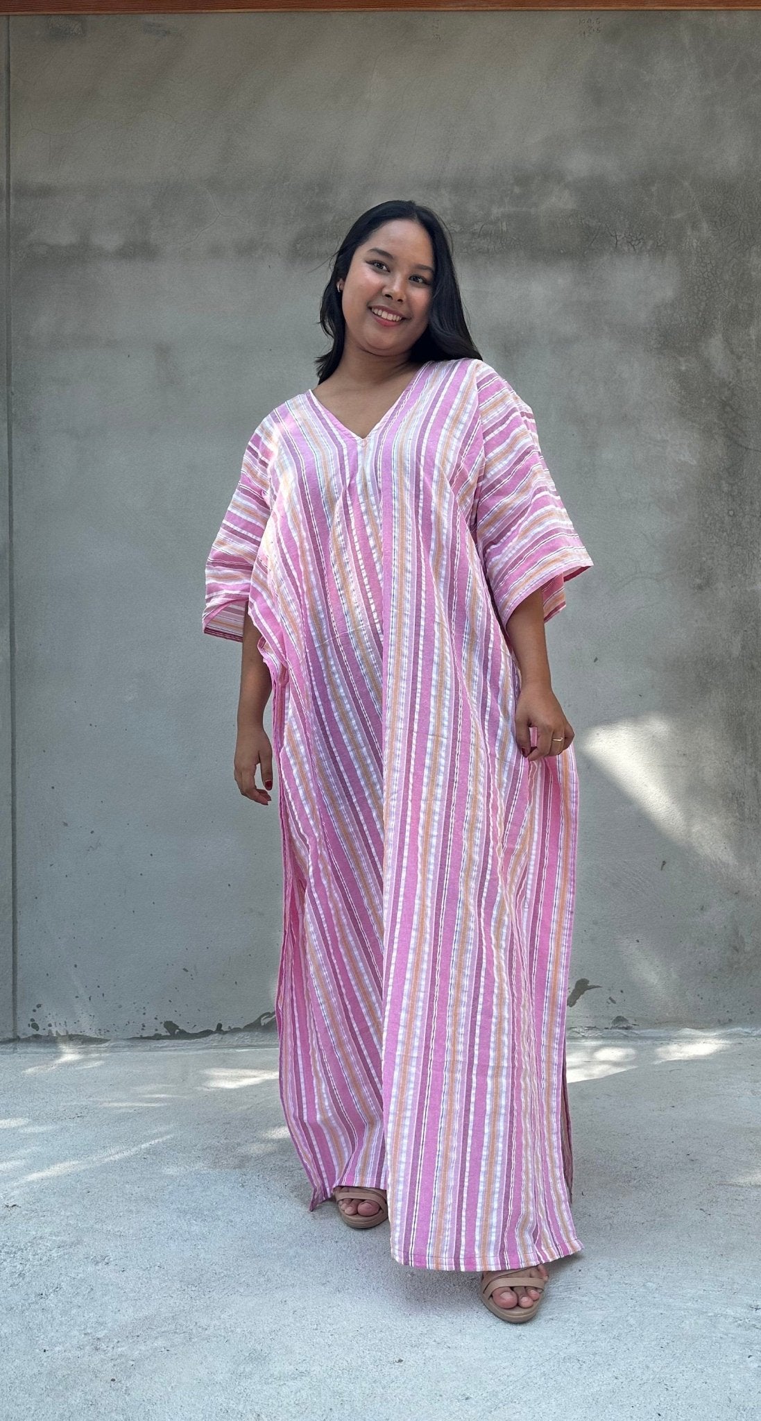 Mala Handworks Ella Plus Size Cotton Kaftan with Pink Stripes