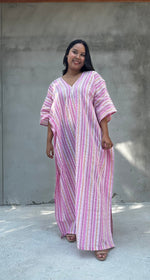 Mala Handworks Ella Plus Size Cotton Kaftan with Pink Stripes