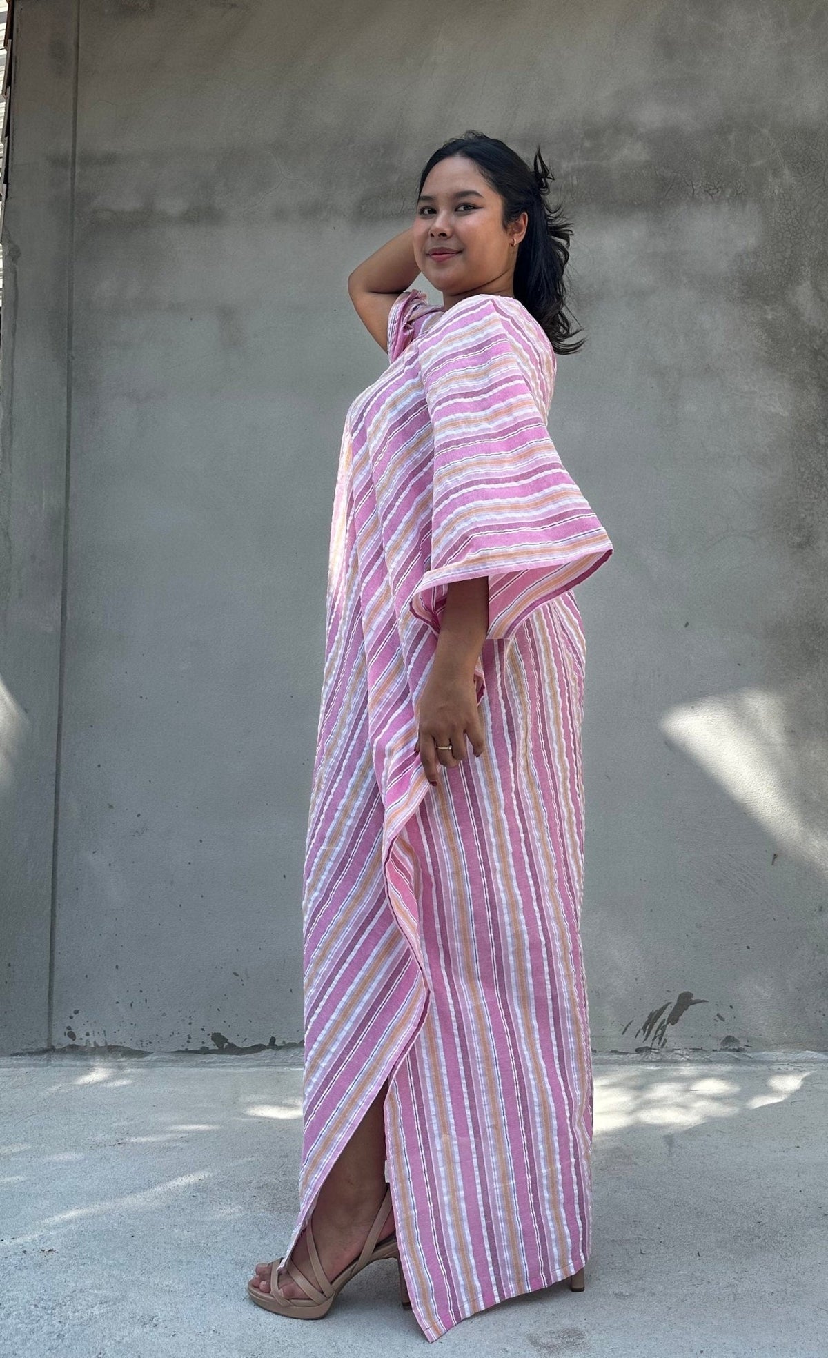 Mala Handworks Ella Plus Size Cotton Kaftan with Pink Stripes