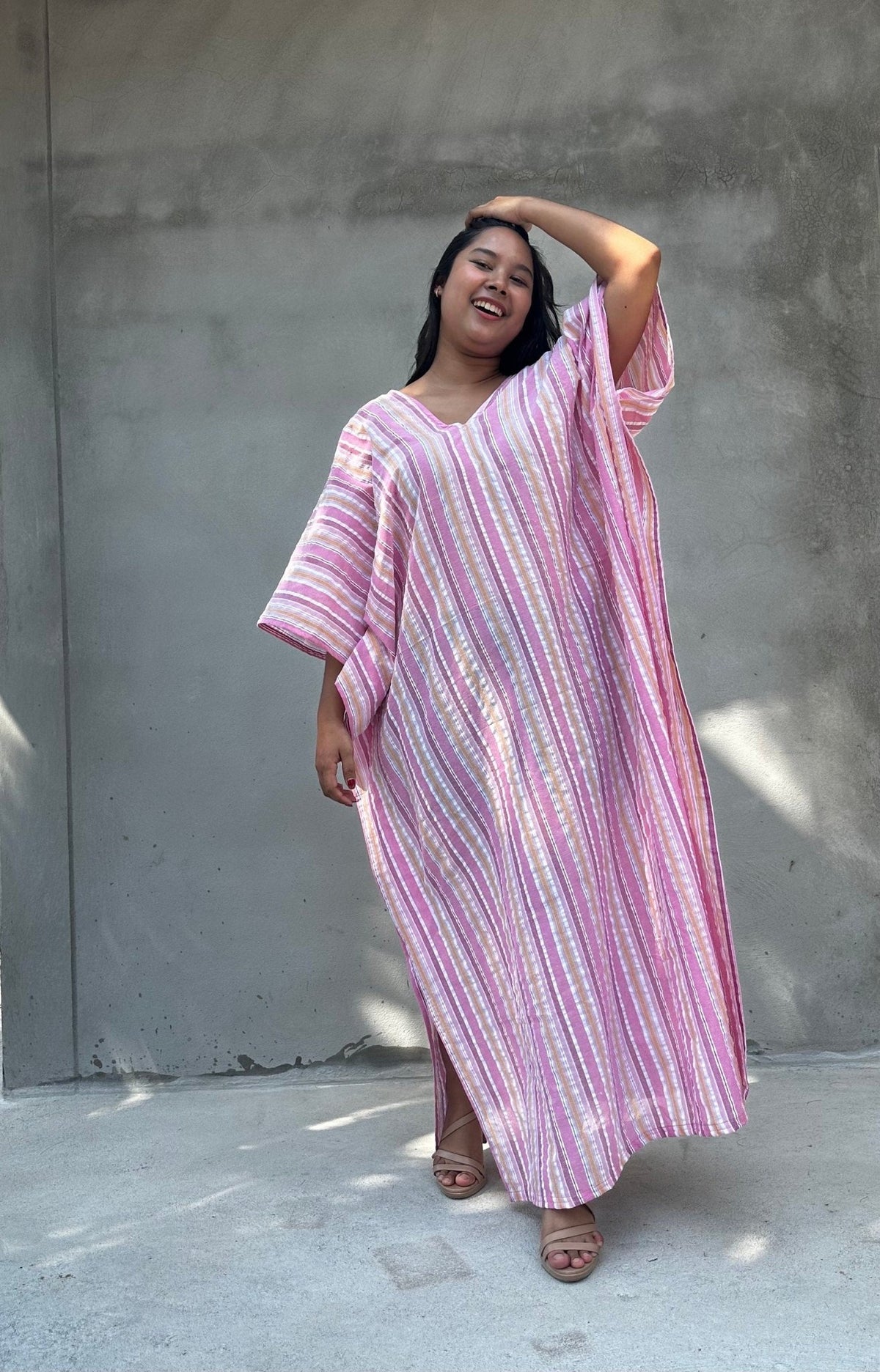 Mala Handworks Ella Plus Size Cotton Kaftan with Pink Stripes