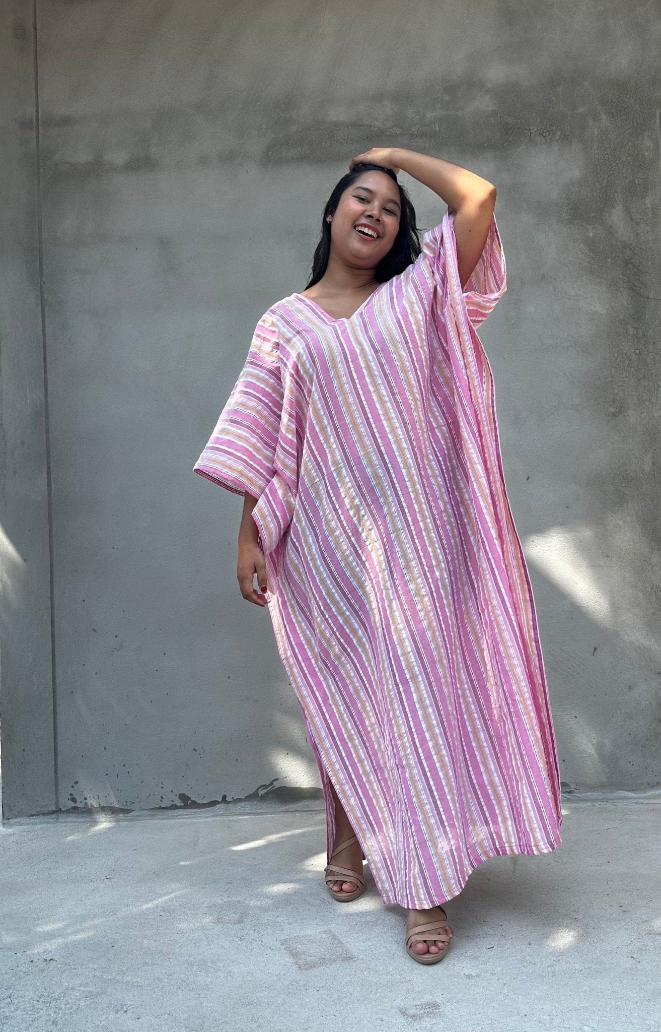 Mala Handworks Ella Plus Size Cotton Kaftan with Pink Stripes