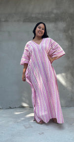 Mala Handworks Ella Plus Size Cotton Kaftan with Pink Stripes