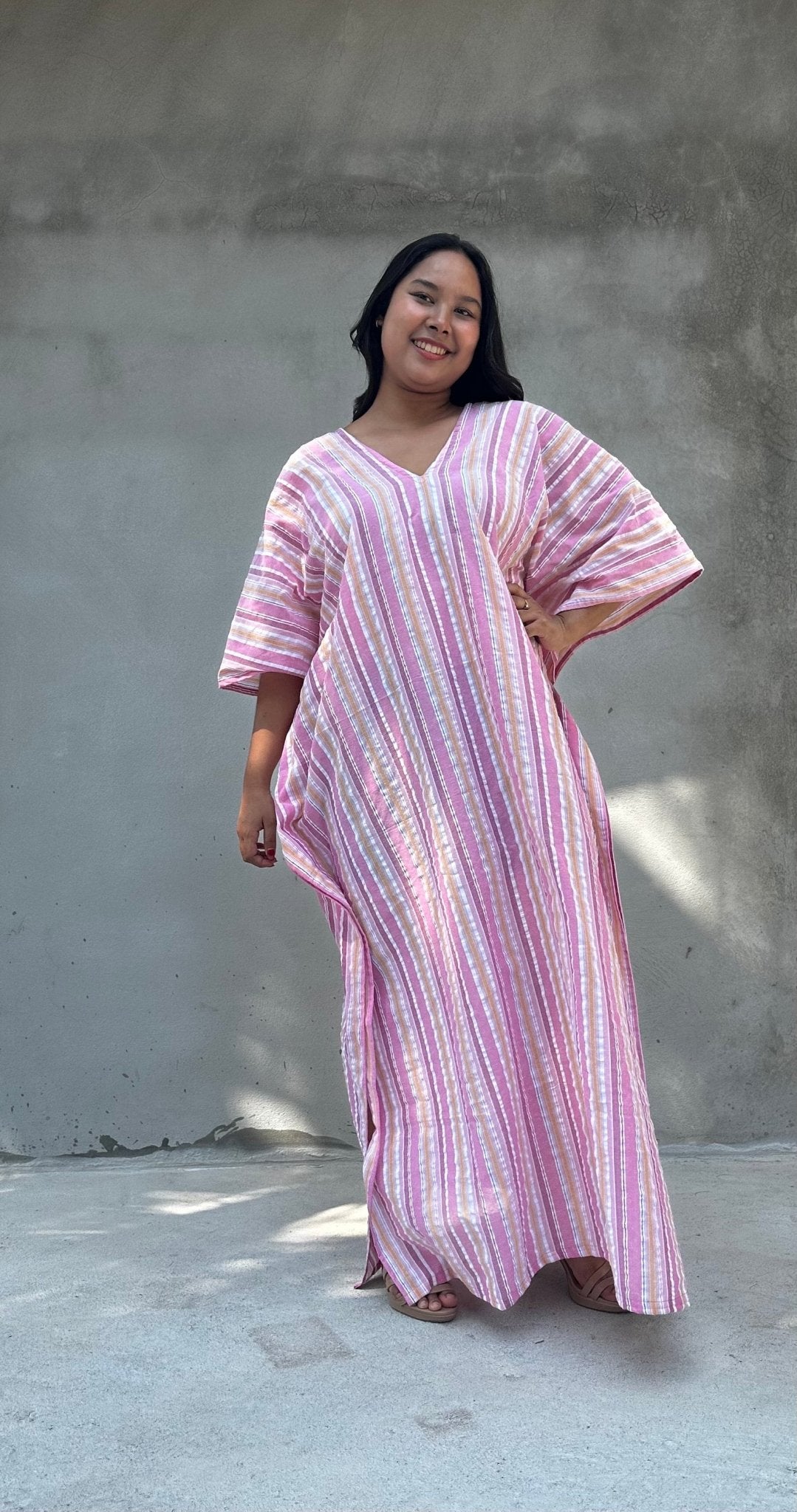 Mala Handworks Ella Plus Size Cotton Kaftan with Pink Stripes
