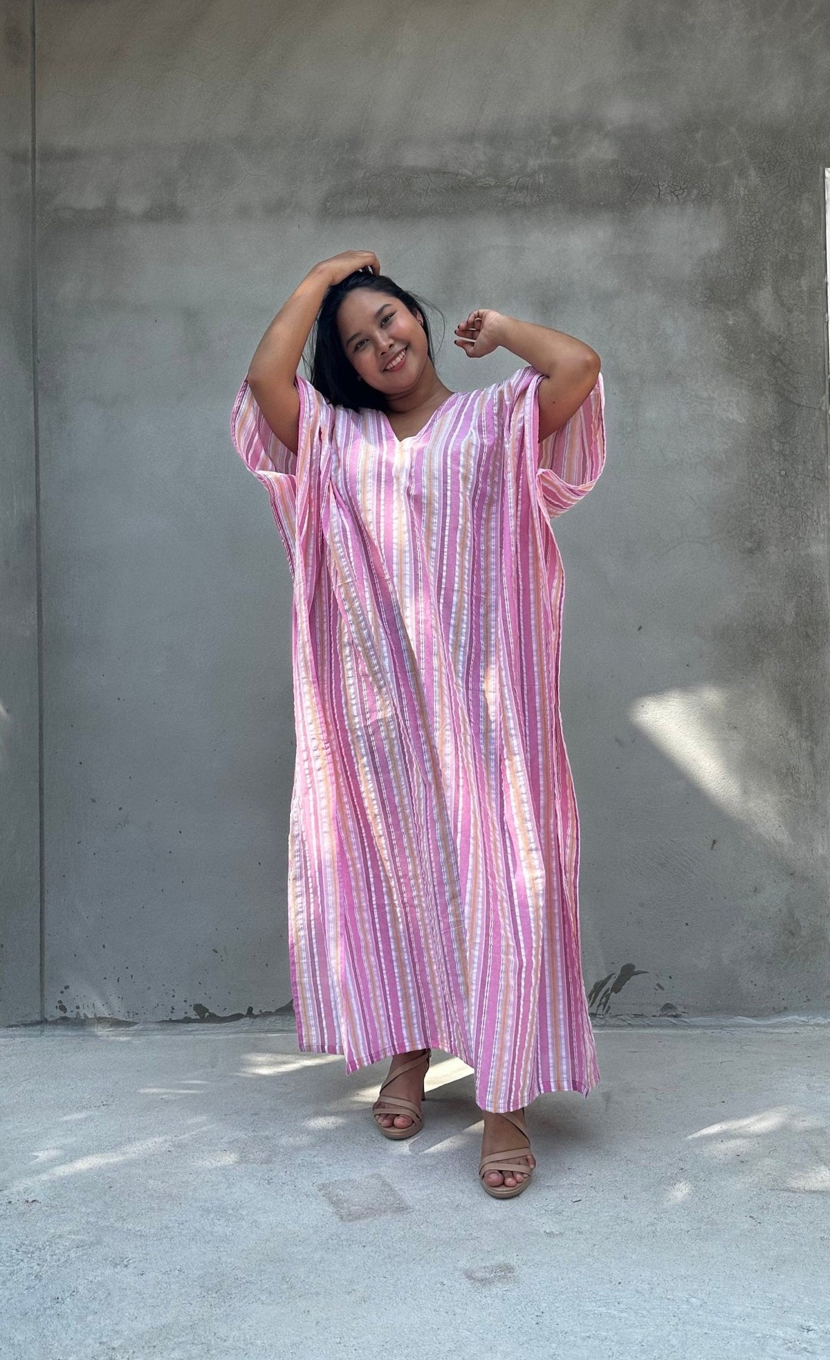 Mala Handworks Ella Plus Size Cotton Kaftan with Pink Stripes