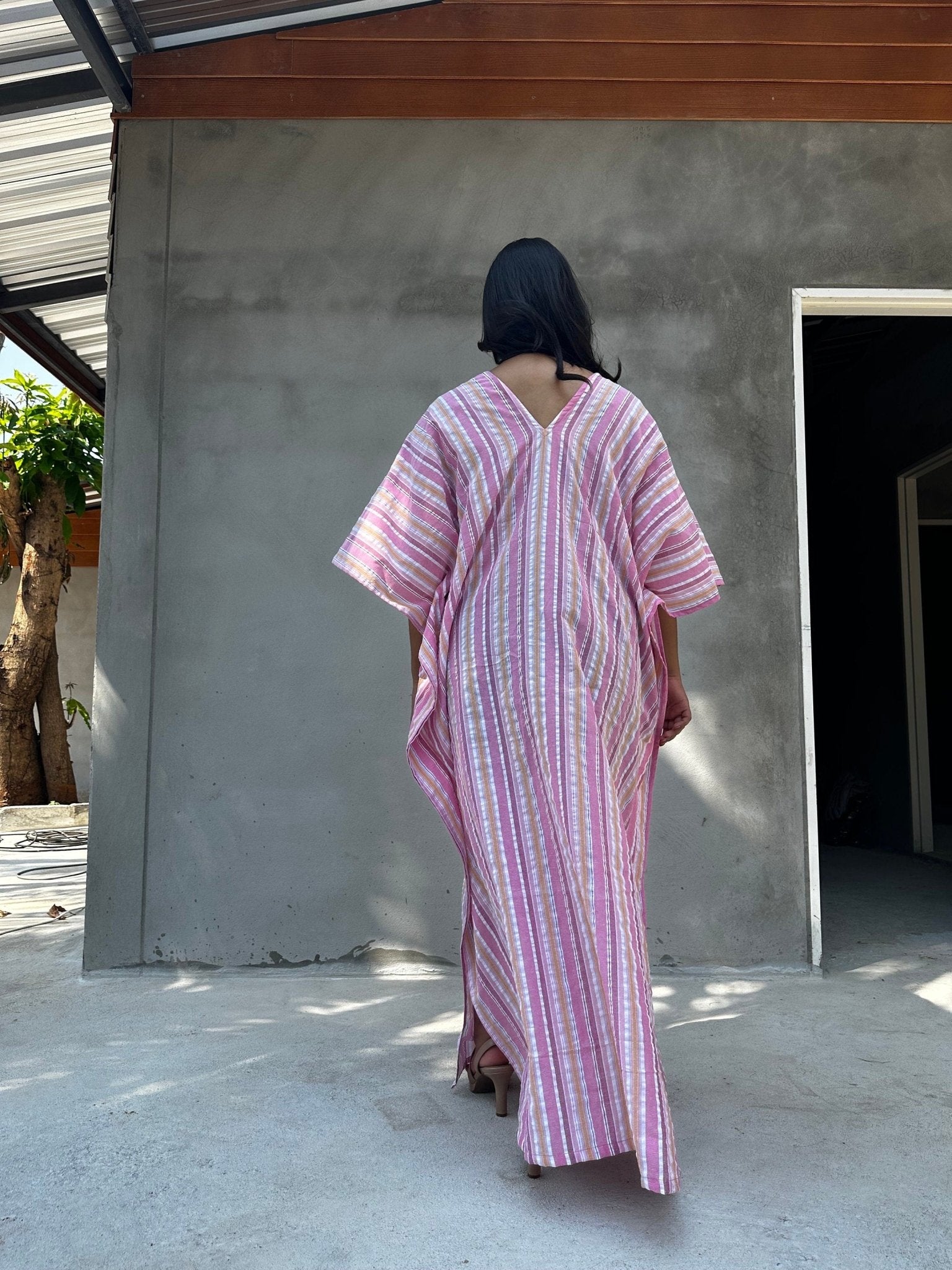 Mala Handworks Ella Plus Size Cotton Kaftan with Pink Stripes